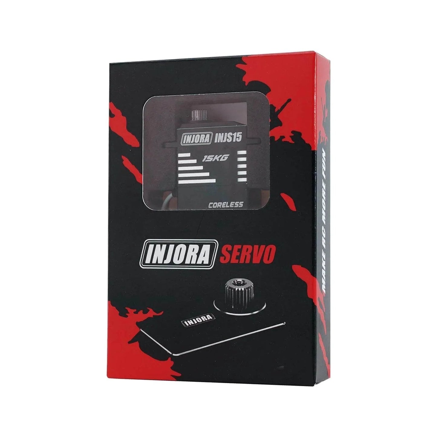Box of Injora 15KG Coreless High Torque Micro Servo for 1/18 1/24 RC Crawler Upgrade, with product details visible.