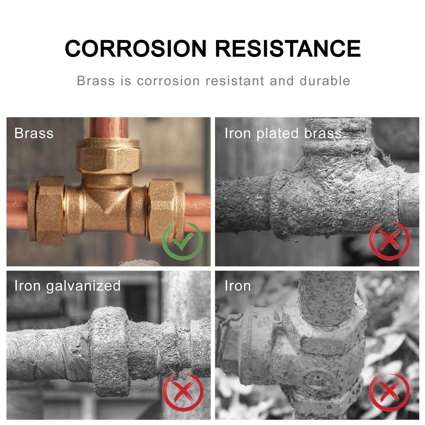 Comparison of brass fittings with iron and iron plated brass, highlighting corrosion resistance of Premium Brass Fittings Kit One Quarter Inch NPT Plumbing Set With 90 Degree Street Elbow And Hex Nipples One Quarter Inch Male And One Quarter Inch Female Couplings Two Pack Each For No Fuss Pro Grade Quick Connections And Leak Free Performance SUNGATOR.