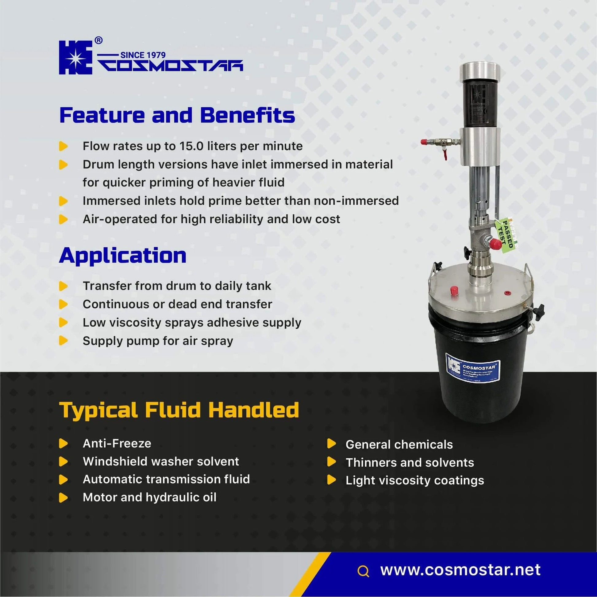 COSMOSTAR P0204 2:1 Air Operated Pneumatic Oil/Chemical Transfer Pump with features and applications, ideal for 5-gallon drums.