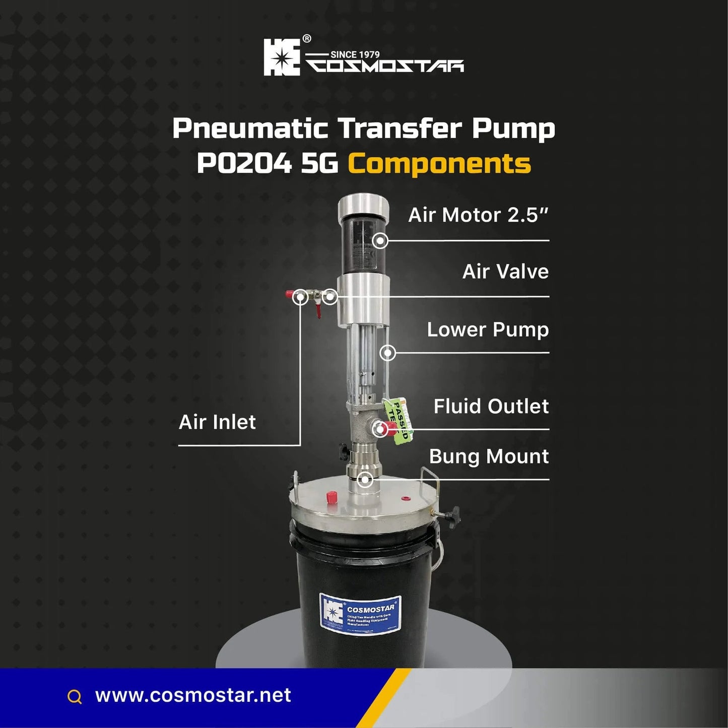 COSMOSTAR P0204 2:1 Air Operated Pneumatic Oil/Chemical Transfer Pump in stainless steel for 5 gallon drum with pail cover