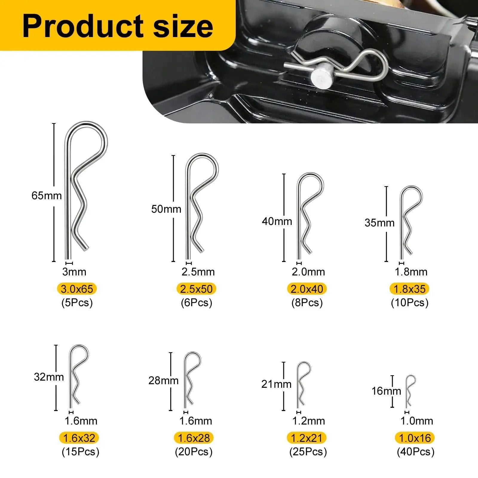 Product size chart for All Purpose Cotter Pin Kit With 283 Pcs In 304 Stainless Steel 16 Sizes Of Straight Pins And 129 R Clips