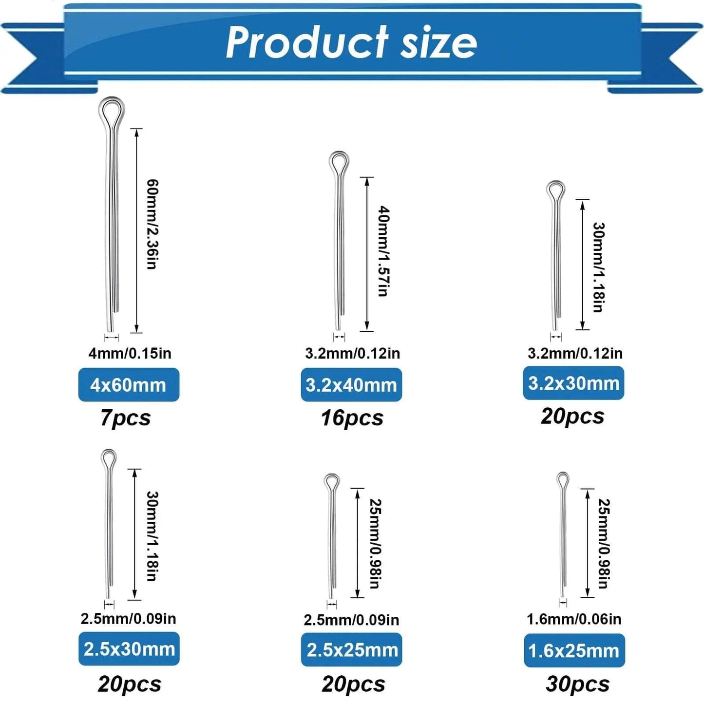 Product size chart for 304 Stainless Steel Cotter Pin Assortment Kit 13 Sizes Cotter Pins And R Clips For Hitch Pin Lock Systems
