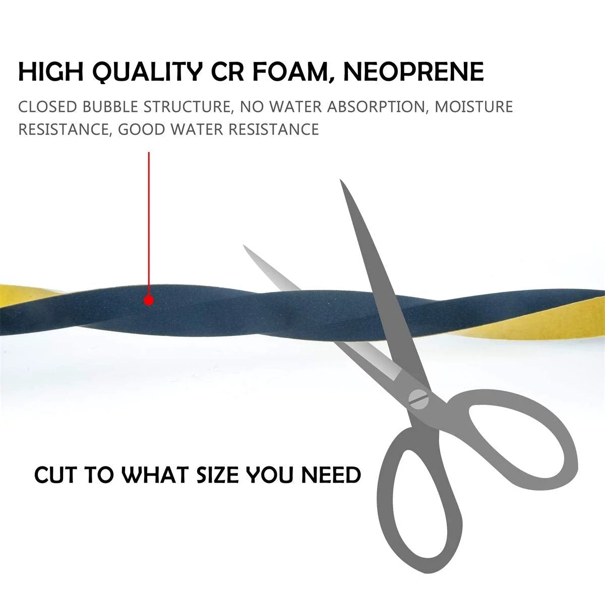Weather Stripping Foam Tape Two Pack One Inch Wide Three Quarter Inch Thick With Adhesive For Doors And Cars Airtight Draft Busting Seal For Windows And AC Units Thirteen Feet Total Length flexible neoprene foam tape being cut with scissors.