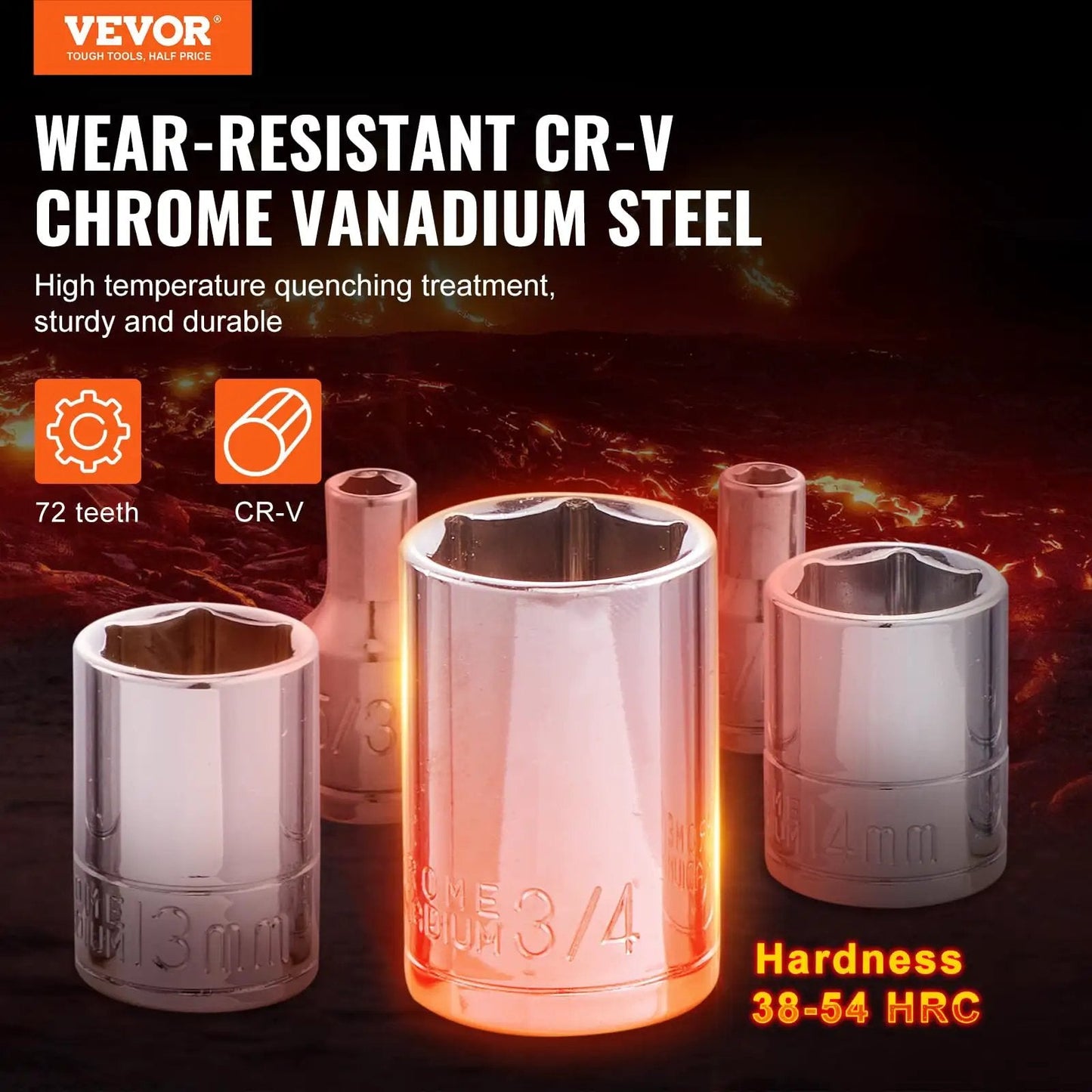 Premium Mechanics Tool Set With Deep And Standard Sockets in chrome vanadium steel showing 3/4 marked socket
