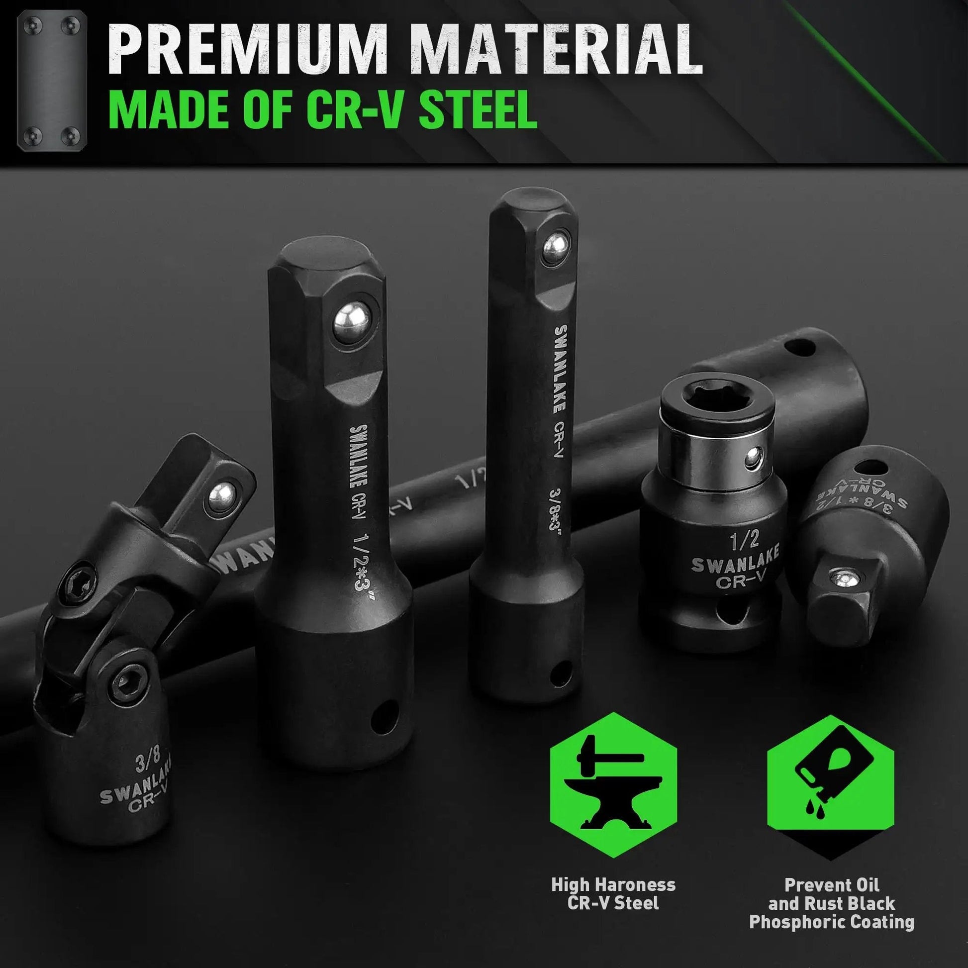 Close-up of Rugged 18 Piece Impact Socket Extension Set With Swivel Universal Joint Deep Quarter Inch Drive Three Eighths Inch Drive And One Half Inch Drive Adapters Extension Bars And Three Ratchet Couplers CR-V Steel Alloy Corrosion Resistant Mechanic Tools.