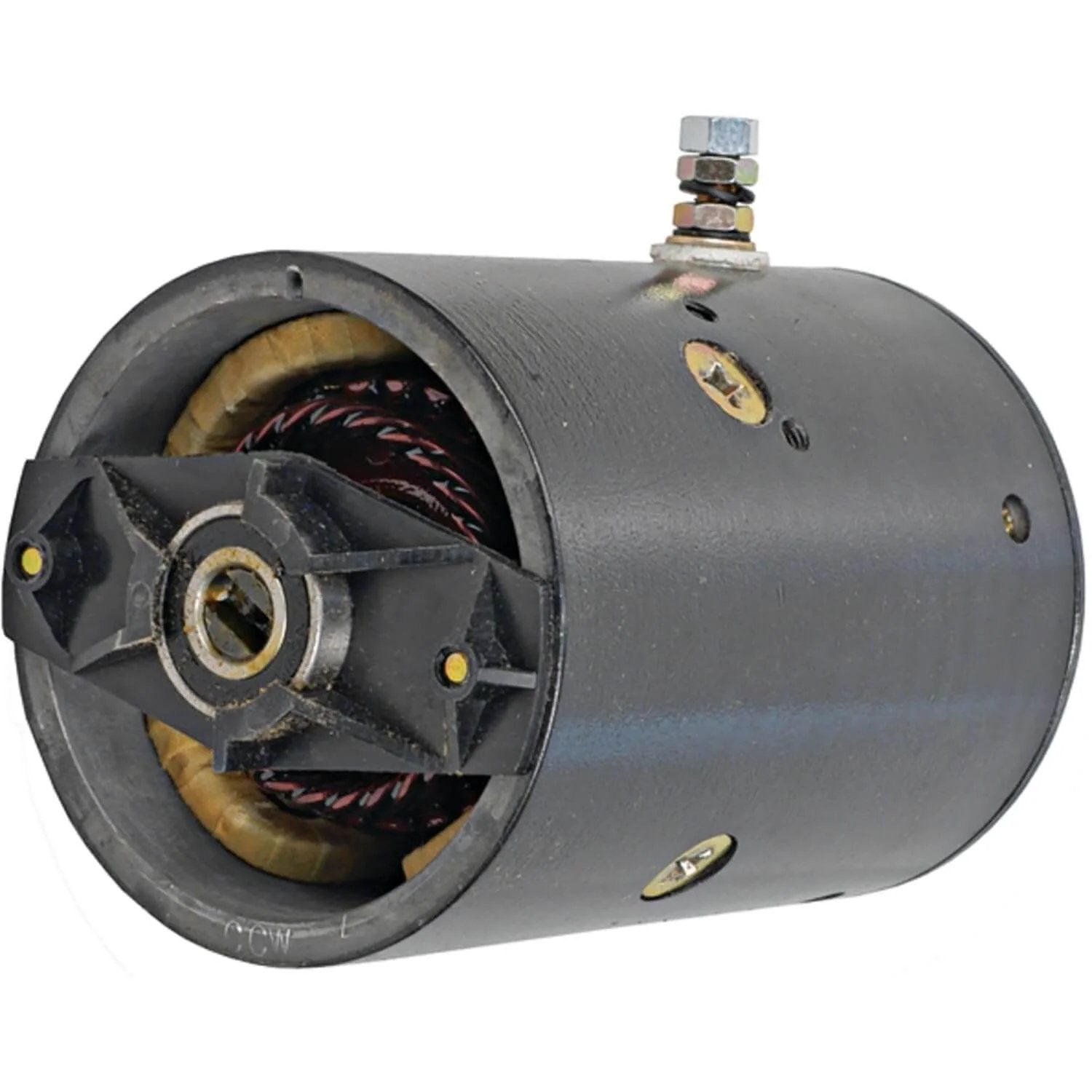 CRANK N CHARGE Pump Motor Compatible With Monarch 8111 8111D 8112 Western Plow M3100 showing side view and bolt connectors