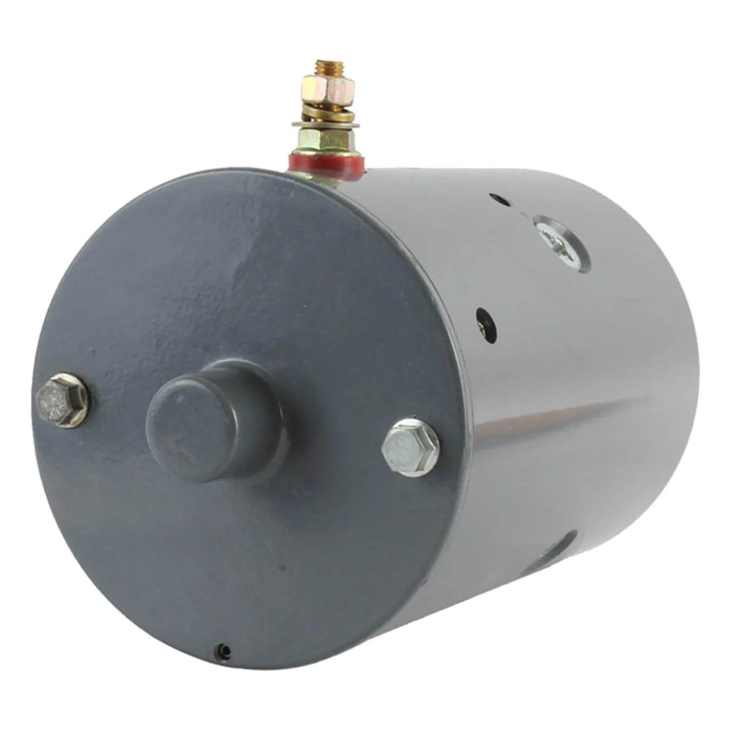 Front view of CRANK N CHARGE Pump Motor Compatible With Monarch 8111 8111D 8112 Western Plow M3100 showing gray cylindrical body.