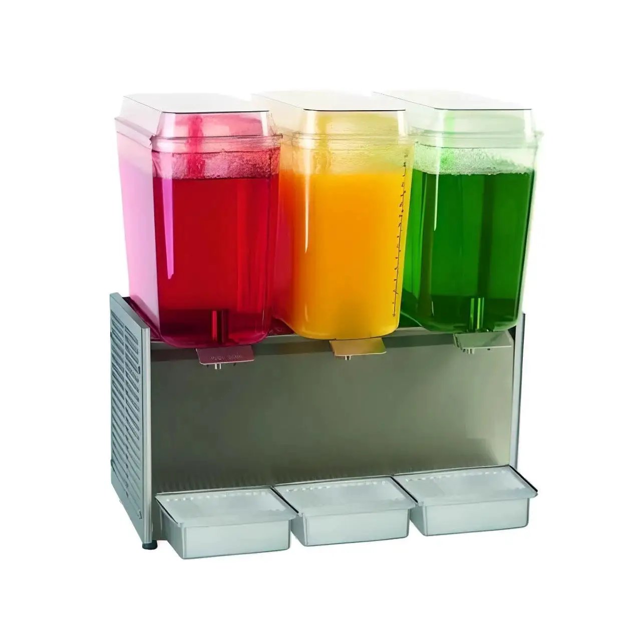 Three-tank Crathco beverage dispenser with red, orange, and green liquids, compatible with Standard Impeller And Bearing Sleeve Replacement Kit.