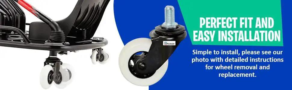 Premium Replacement Caster Wheel 76mm By 30mm For Razor Crazy Cart CC XL And DLX Complete Front And Rear Wheel Assembly shown installed