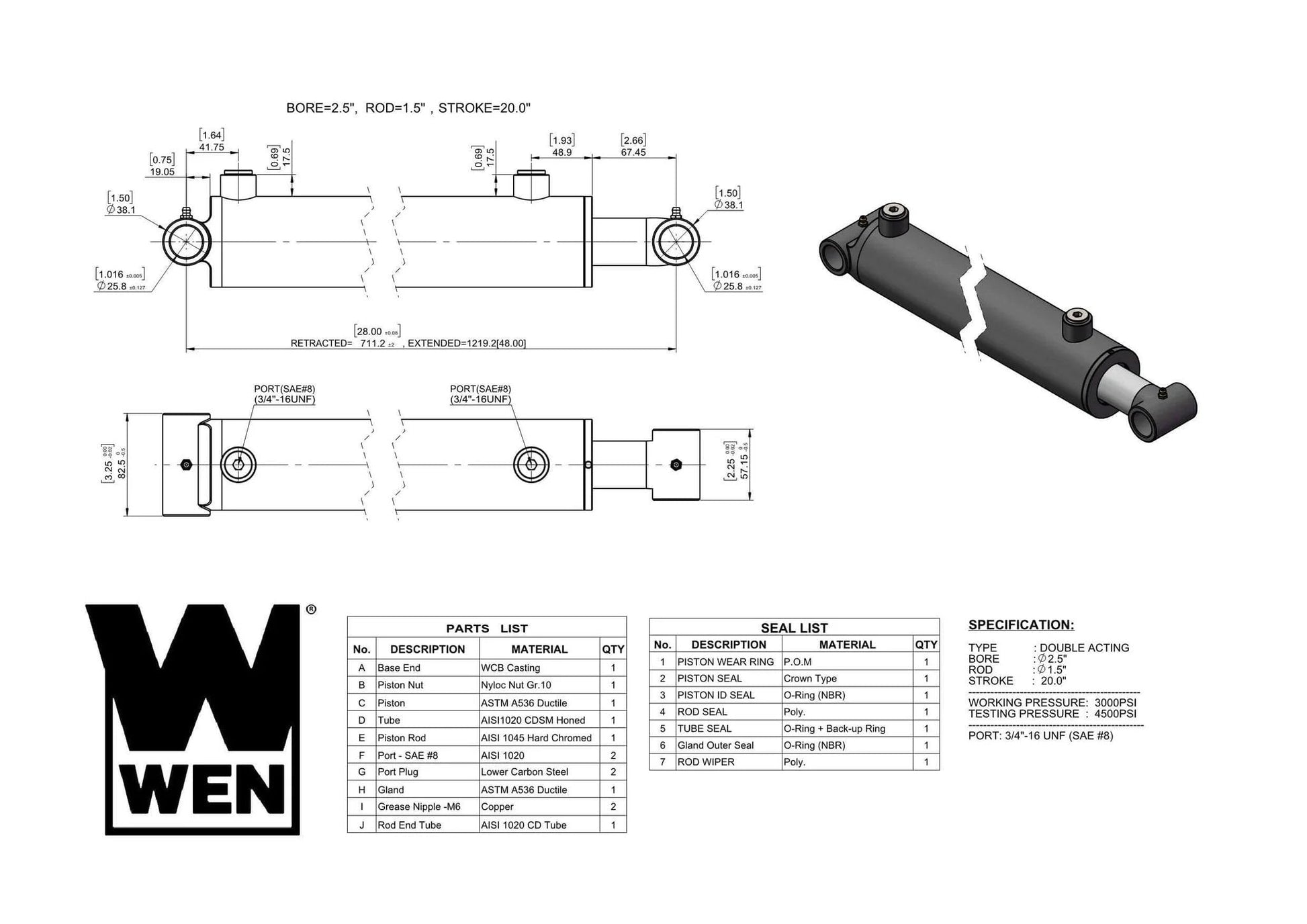 Technical drawing of Cross Tube Hydraulic Cylinder with 2.5-inch Bore and 20-inch Stroke, includes parts and specifications