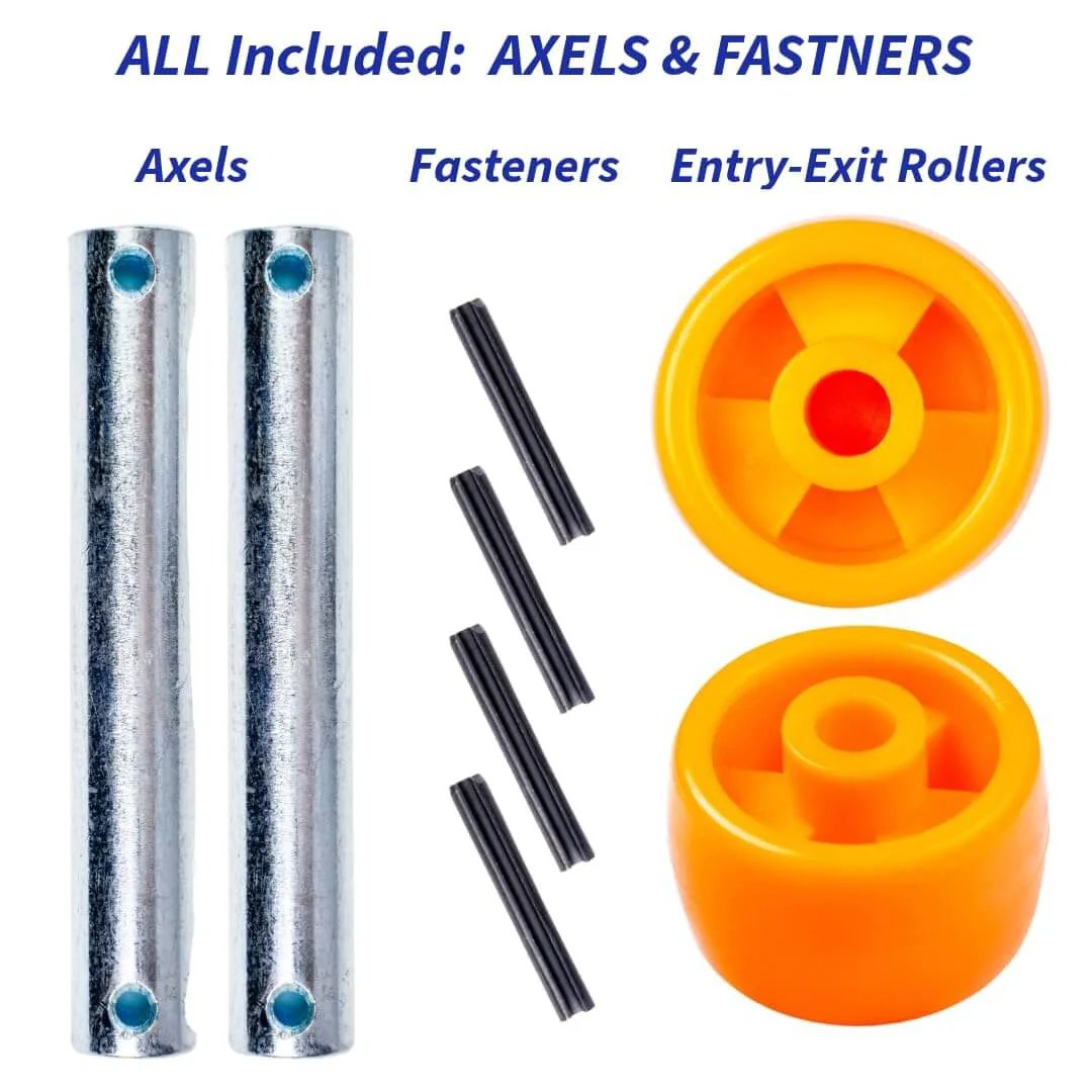 Crown PTH50 pallet jack front load wheels replacement kit showing axles, fasteners, and polyurethane entry-exit rollers