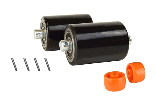 Crown PTH50 pallet jack front load wheels replacement kit with polyurethane wheels, pre-greased bearings, axles, and accessories.