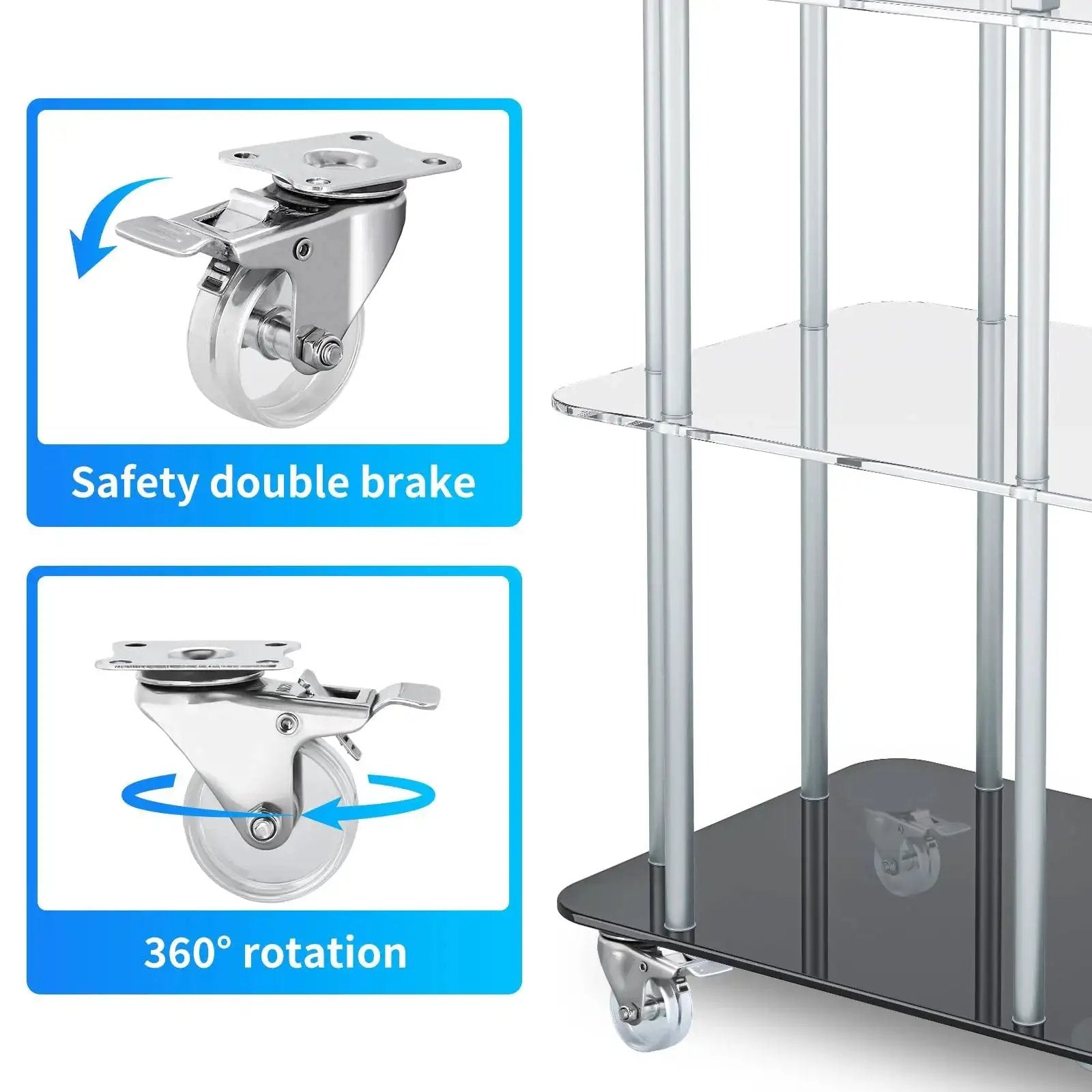 2 Inch Crystal Clear Caster Wheels With Brake And Stainless Steel Housing For Rugged Use Rust Resistant And Waterproof Swivel Castors Transparent Wheel For Modern Look Set Of 4 Suitable For Outdoor Furniture Labs Hospitals And Restaurants shown with safety double brake and 360-degree rotation icons