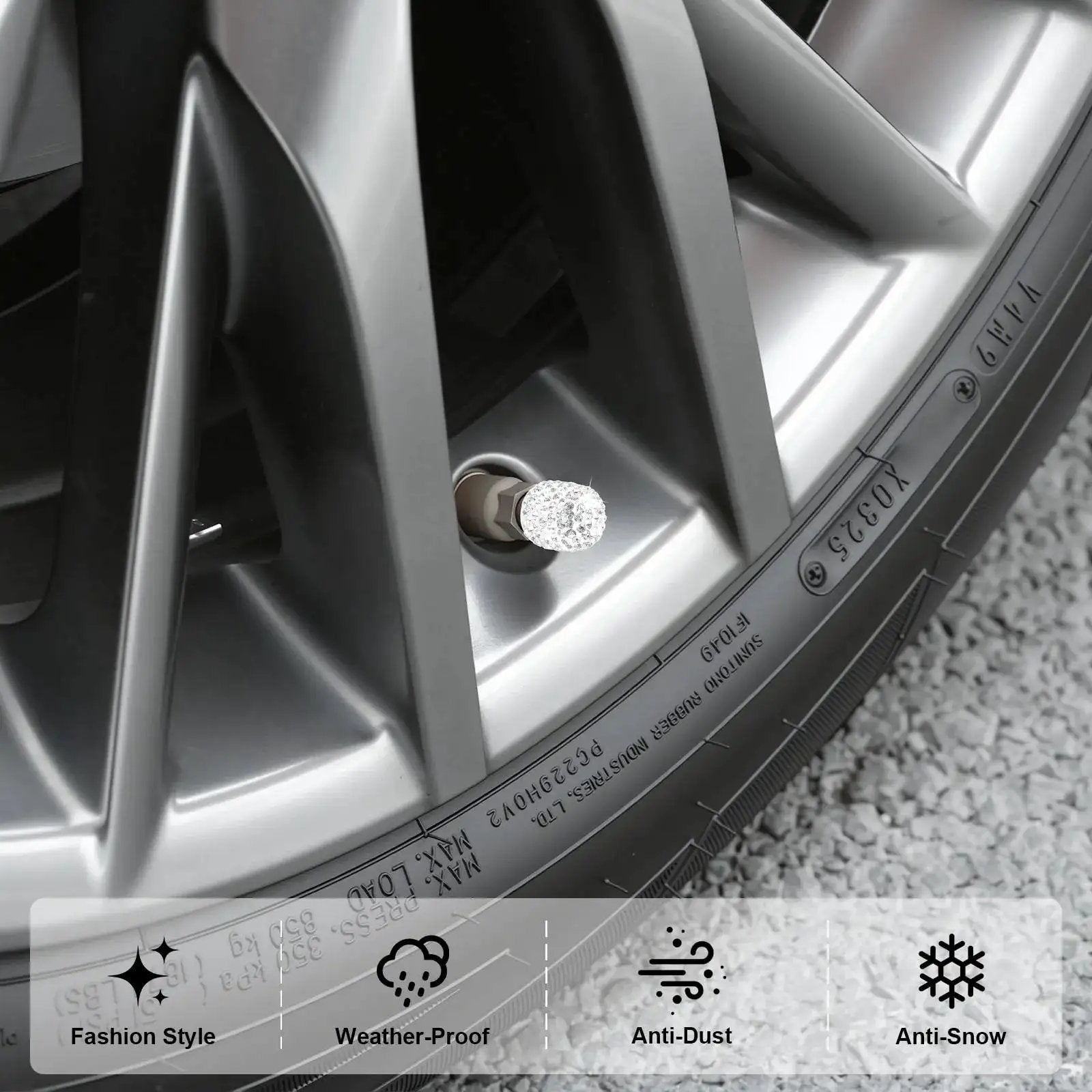 Silver wheel with 4 Pack Handmade Crystal Rhinestone Tire Valve Stem Caps for cars, trucks and motorcycles, close-up view.