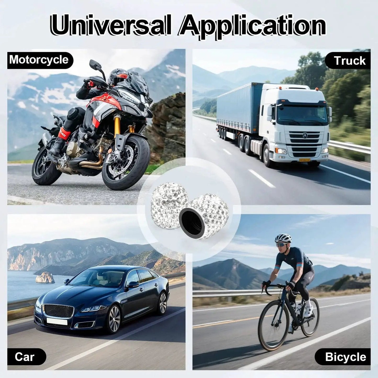 4 Pack Handmade Crystal Rhinestone Tire Valve Stem Caps For Cars, Trucks And Motorcycles; universal application for vehicles