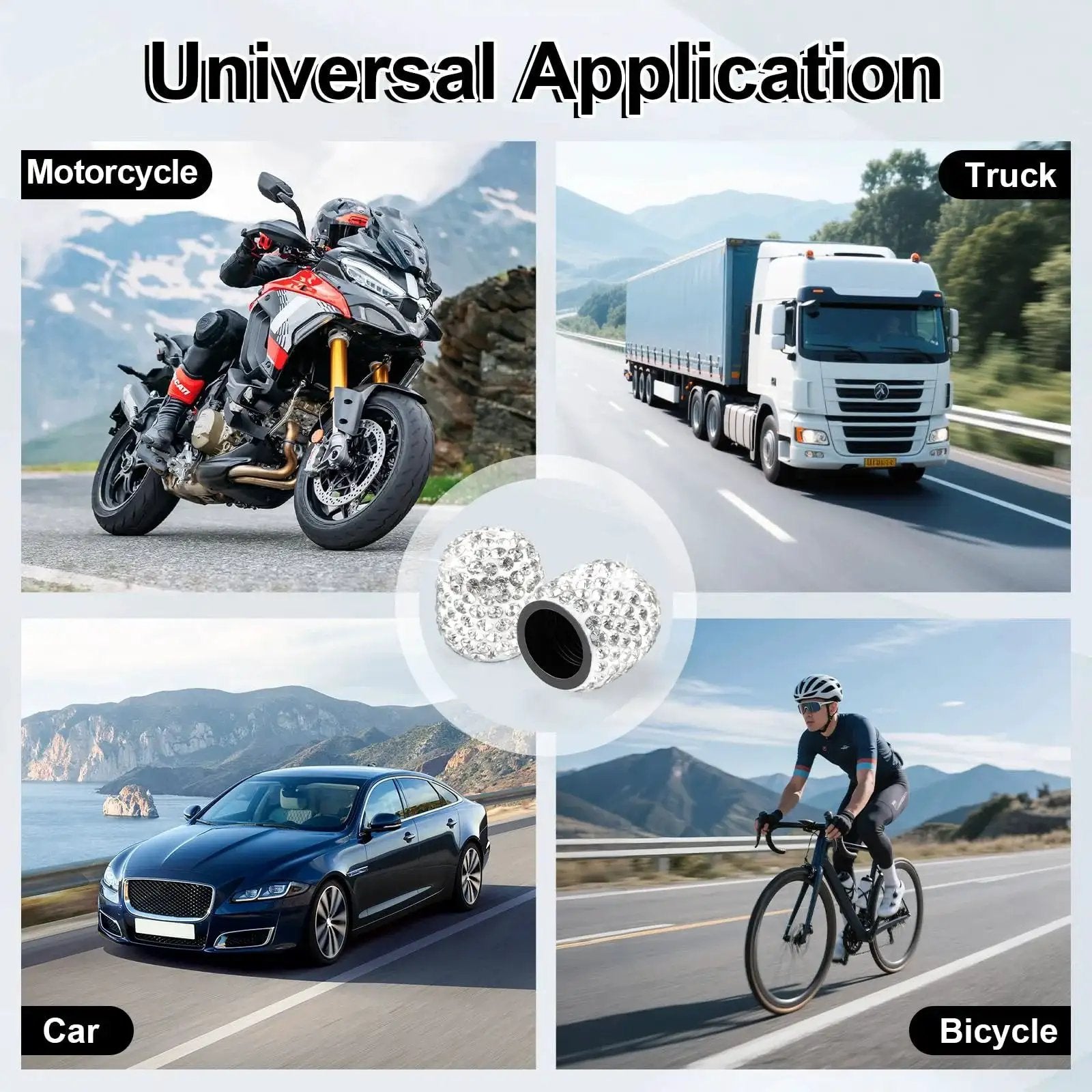 4 Pack Handmade Crystal Rhinestone Tire Valve Stem Caps For Cars, Trucks And Motorcycles; universal application for vehicles