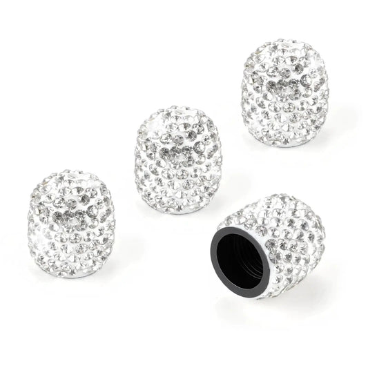 4 Pack Handmade Crystal Rhinestone Tire Valve Stem Caps For Cars, Trucks And Motorcycles, showing close-up of sparkling valve covers.