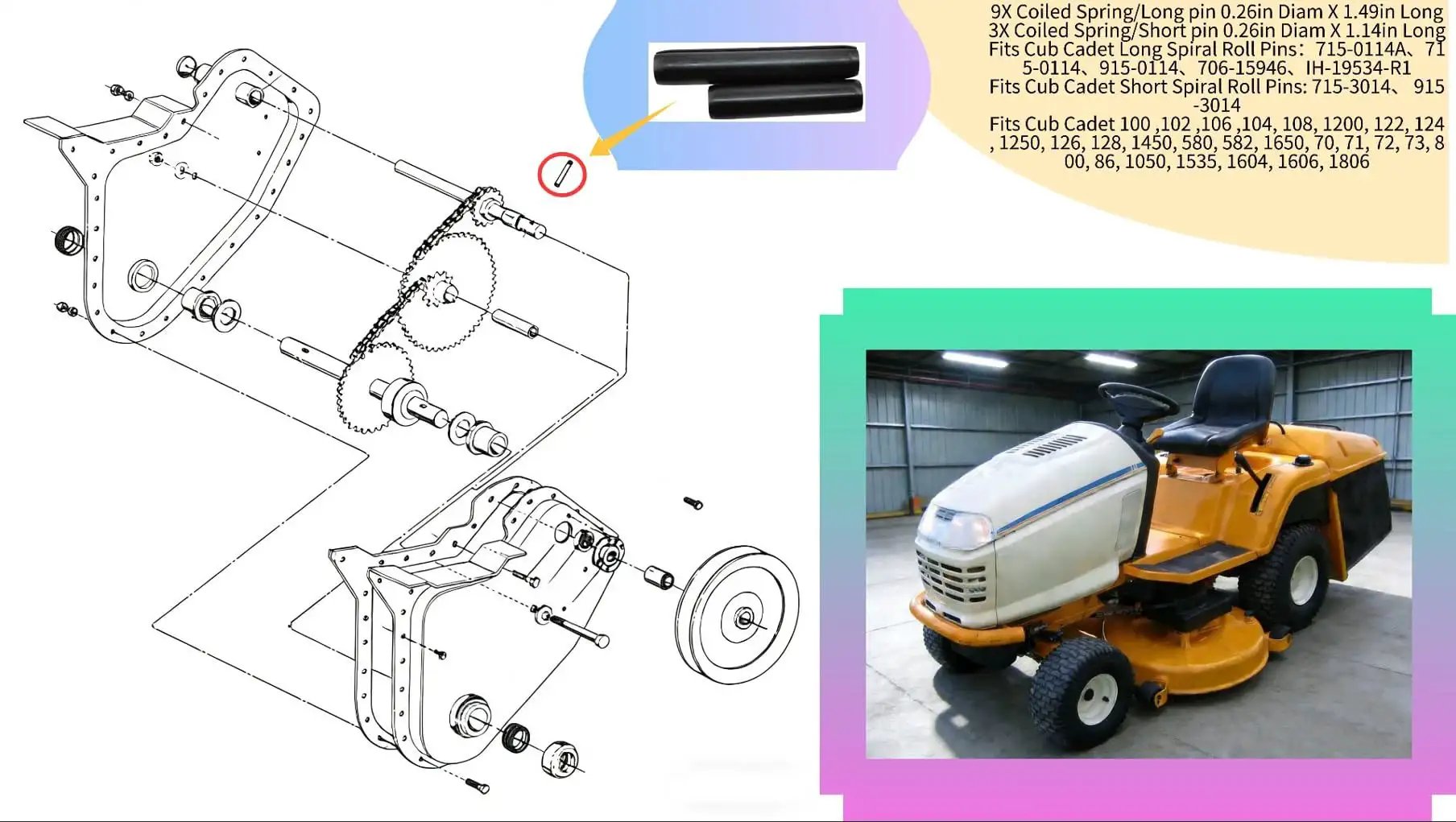 Diagram and image of Cub Cadet Lawn Tractor with Heavy Duty Coiled Spring Roll Pins Set, fits models 100 102 106 104 108