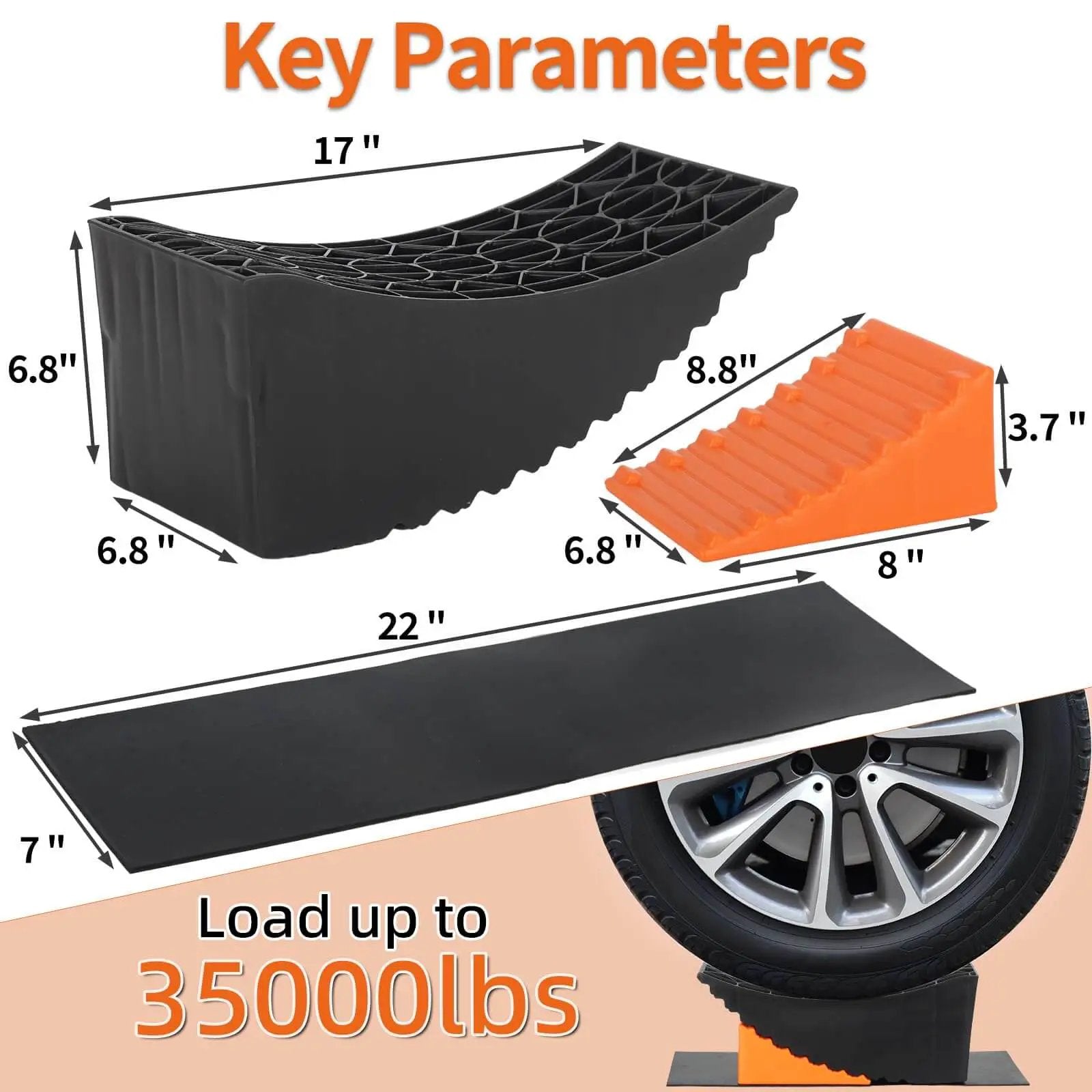 Curved Leveling Blocks For RV And Travel Trailer With A 6 Inch Lift For Easy Tire Change On Tandem Axle Wheels Without A Jack Heavy Duty Up To 35,000 Lbs And 32 Inch Tire Capacity Includes Chocks And Rubber Mat In A 2 Pack