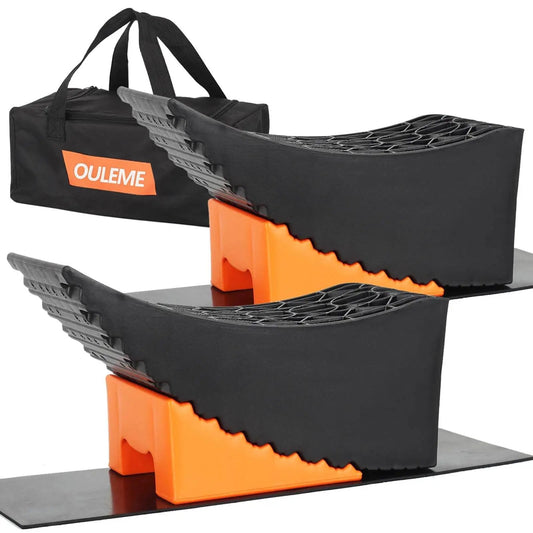 Curved Leveling Blocks For RV And Travel Trailer With A 6 Inch Lift For Easy Tire Change On Tandem Axle Wheels Without A Jack Heavy Duty Up To 35,000 Lbs And 32 Inch Tire Capacity Includes Chocks And Rubber Mat In A 2 Pack, shown with carrying case.