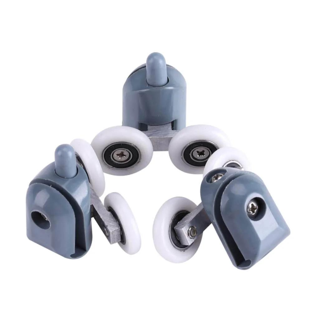 Curved Glass Shower Door Rollers 8PCS Twin Top and Bottom Double Wheel Runners for bathroom sliding doors, view of three rollers with wheels.