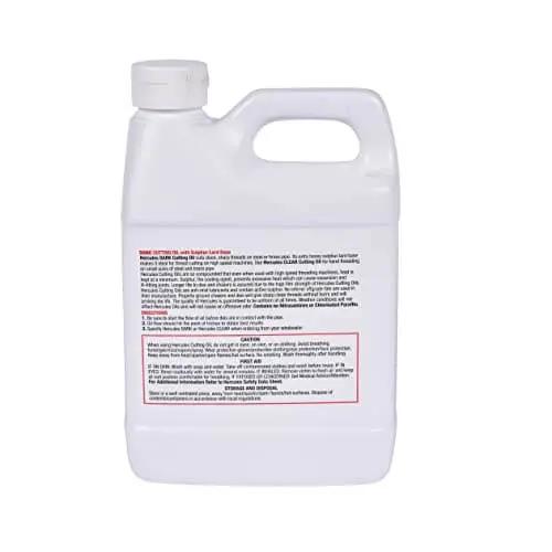 Back view of a 32 oz container of dark cutting oil with instructions label, designed for high RPM threading of steel and brass pipe.