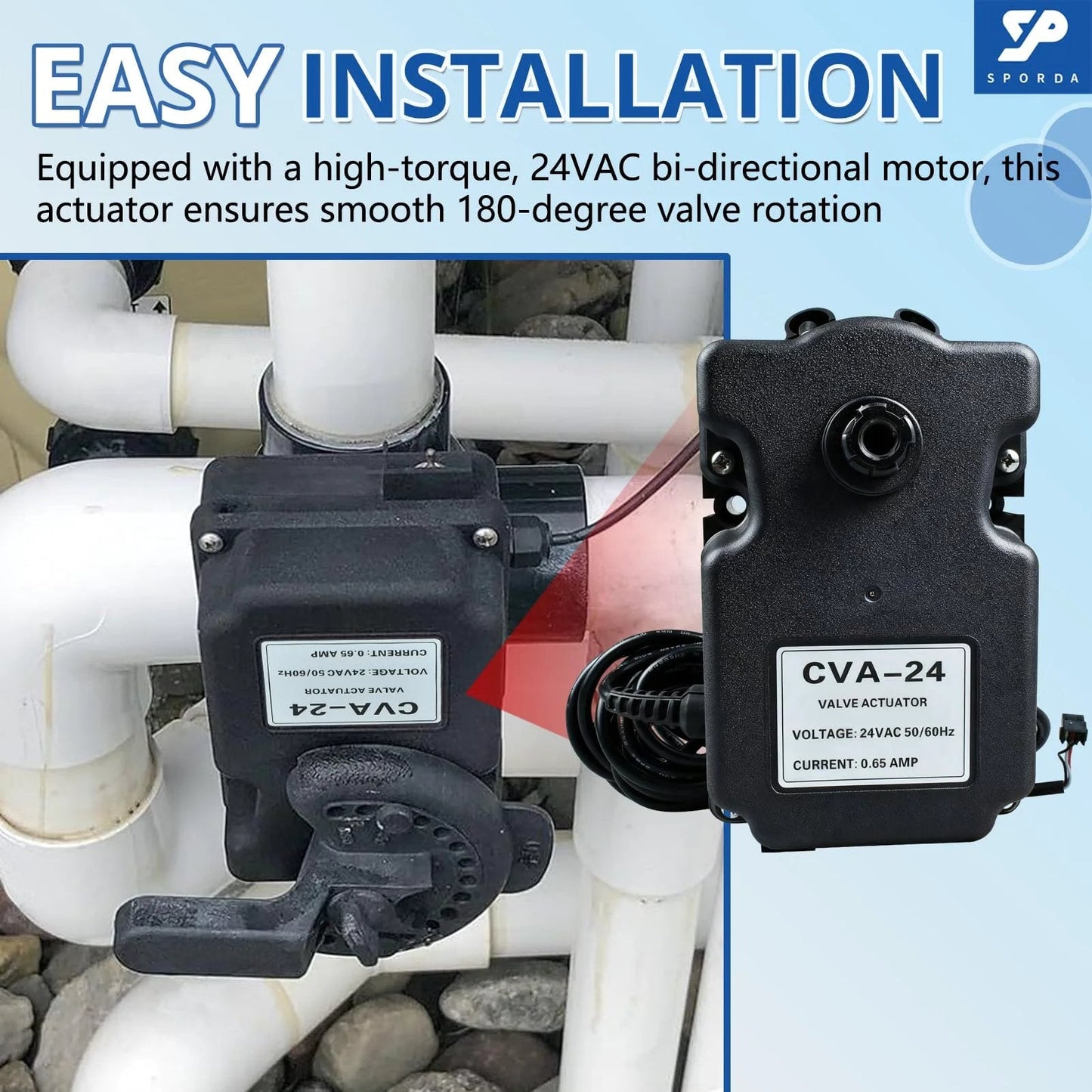 Valve Actuator CVA 24T For Pool Automation Fits Pentair 263045, mounted on piping with visible motor and control label.