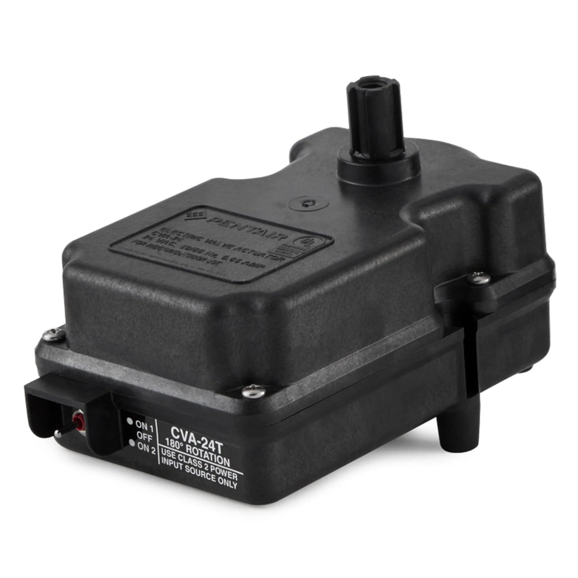 CVA 24T Valve Actuator For Pool Systems 24V AC 180 Degree Rotation Replacement Part By Pentair Compool showing a black motor side view.