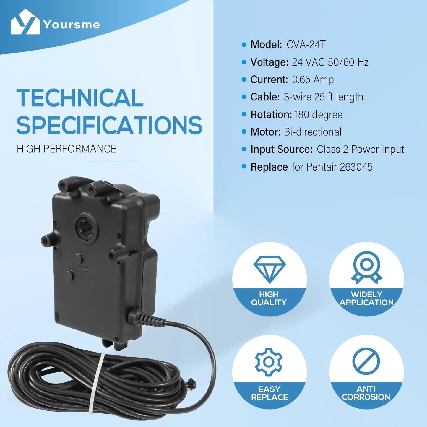 CVA 24T Valve Actuator For 24VAC Control Systems, side view showing 25-foot cable, compact black design for pool valve replacement.