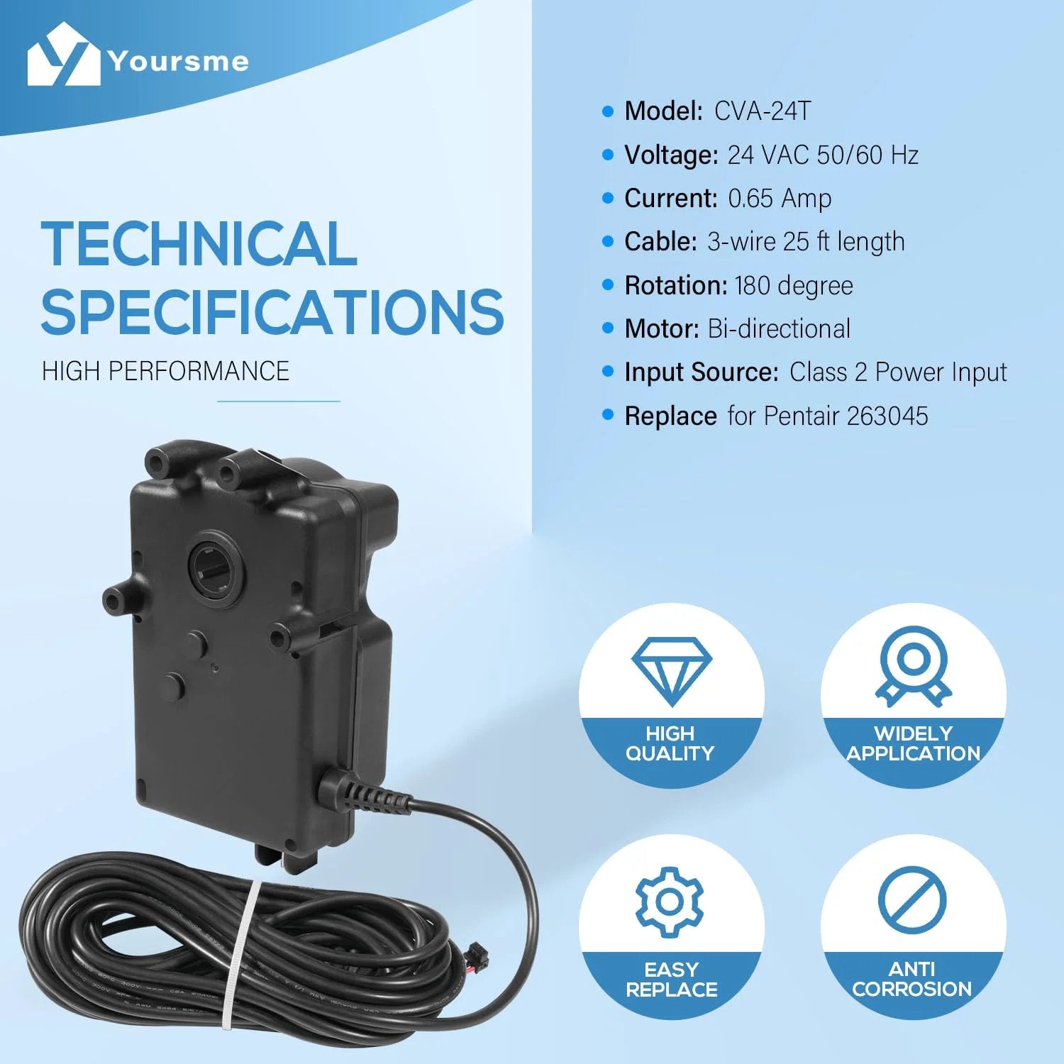 CVA 24T Valve Actuator For 24VAC Control Systems, side view showing 25-foot cable, compact black design for pool valve replacement.