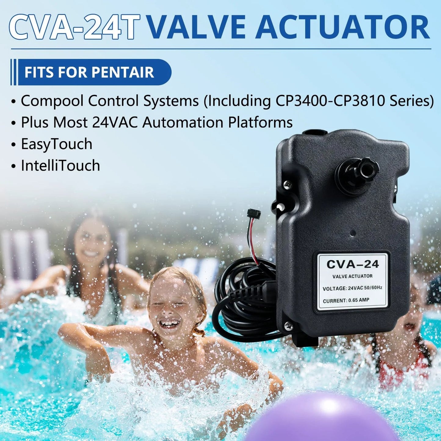 CVA 24T Valve Actuator for Pool Automation, fits Pentair 263045, shows front view with wiring for EasyTouch and IntelliTouch.