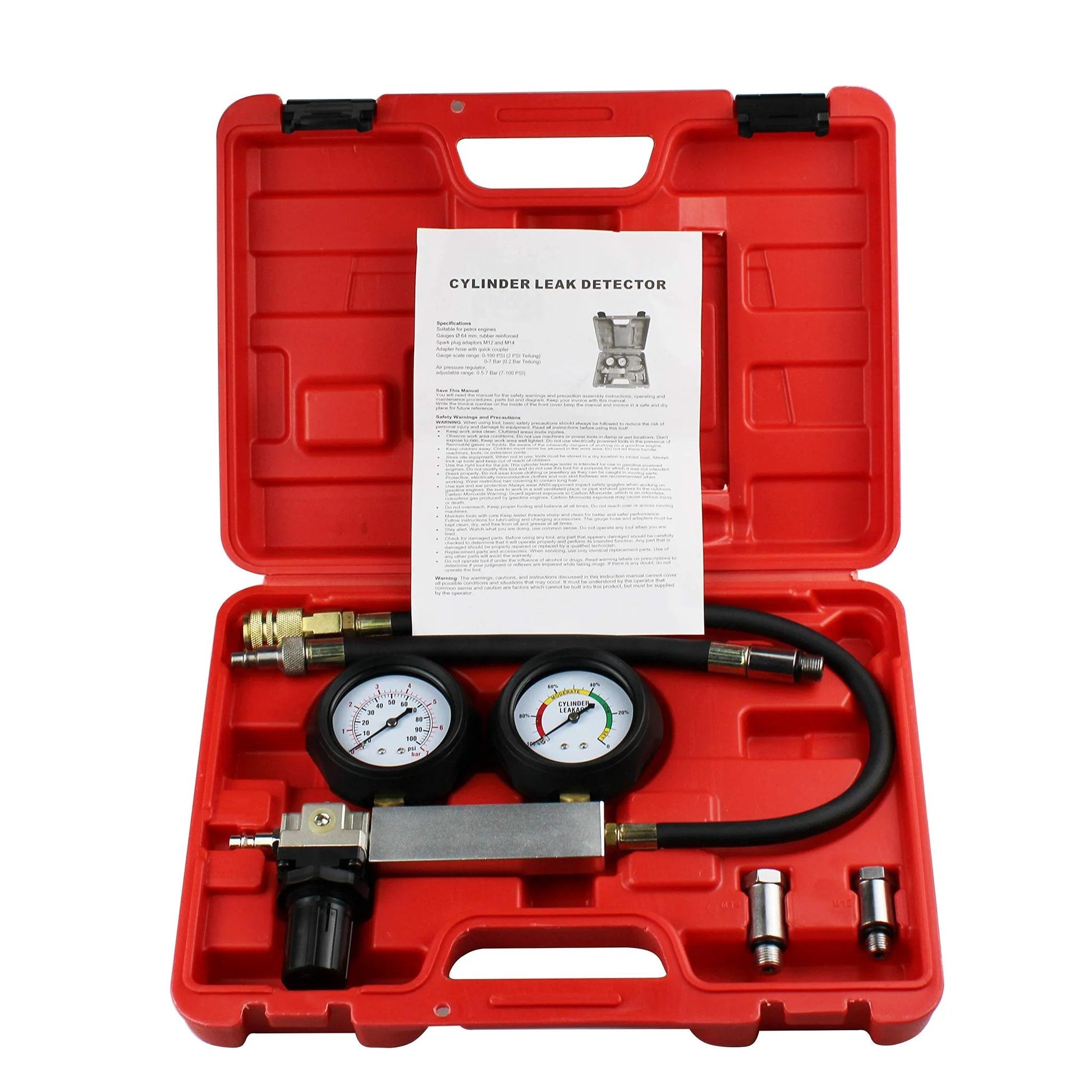 Go-To Cylinder Leak Detector And Engine Compression Test Kit for Piston Ring diagnostics in a red carrying case with gauges and hoses.