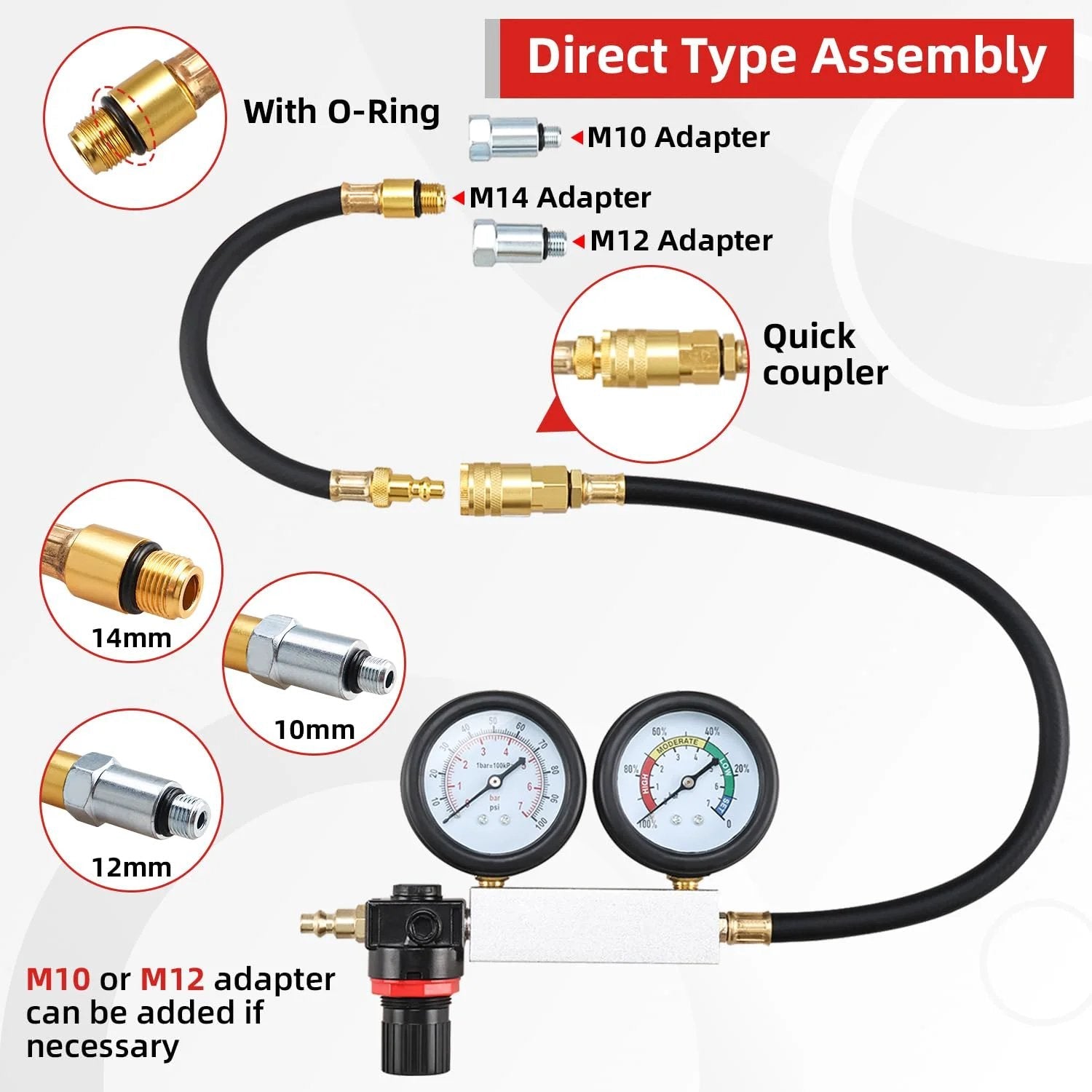 Pro Grade Cylinder Leak Down Tester Tool Kit For Gasoline Engines with dual pressure gauges, hoses, and adapters for diagnostics.
