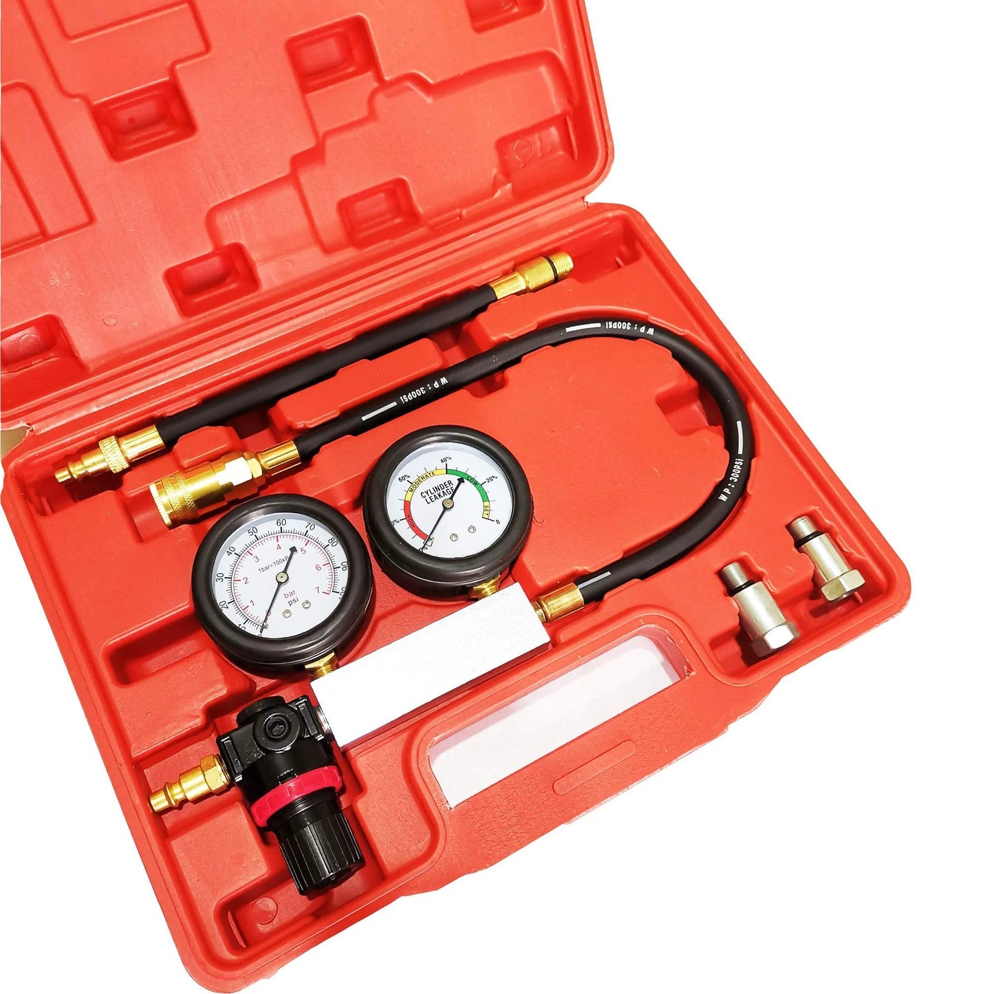 Leak Down Tester TU21 Engine Cylinder Leak Tester And Compression Gauge Set for Gasoline Four Stroke Engines in sturdy red case.
