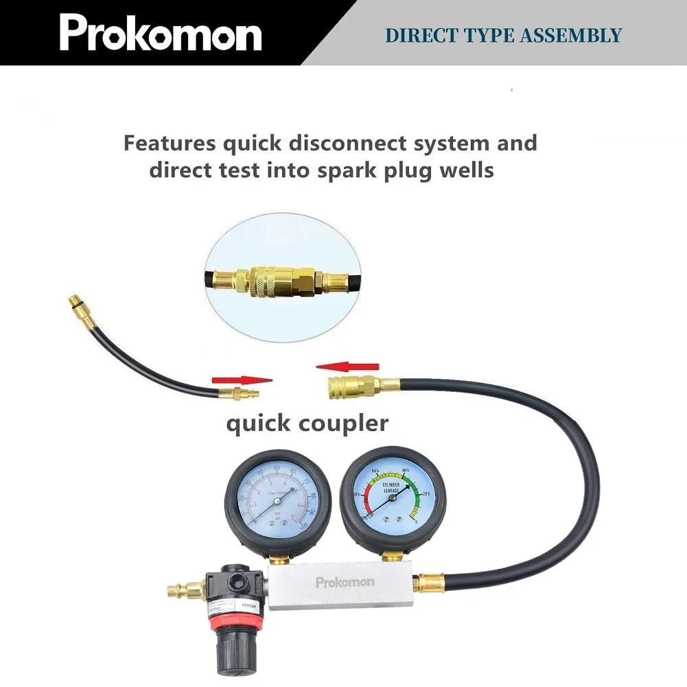 Engine Cylinder Leak Down Tester Kit For Gasoline Engines With Dual Gauge And Extension Rods, close-up of direct type assembly with quick disconnect system.