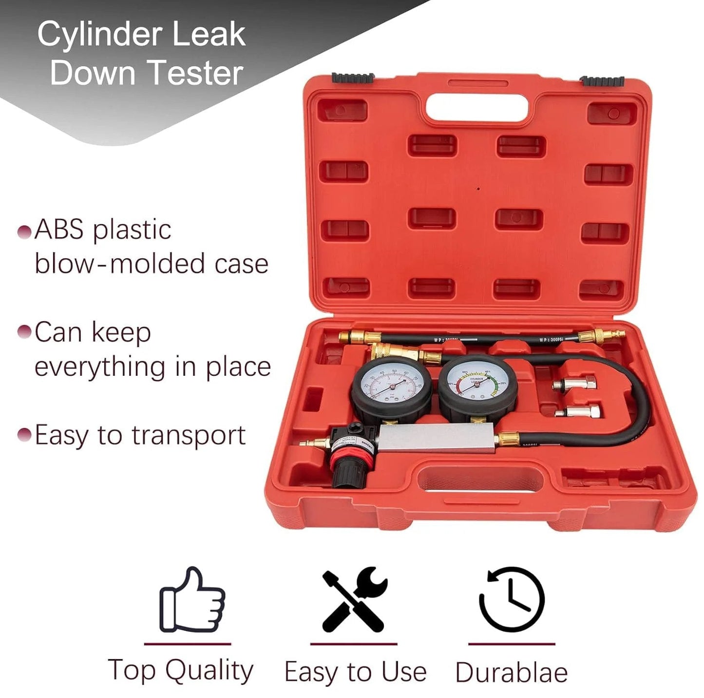 Cylinder Leak Down Tester Kit With Dual Gauge For Automotive Compression Testing Leakdown Checker For Trucks And Motorcycles Includes Pro Grade Durable ABS Blow Mold Case And Anti Scratch Acrylic Gauge Cover For Precise Diagnostics And Easy Tool Storage.