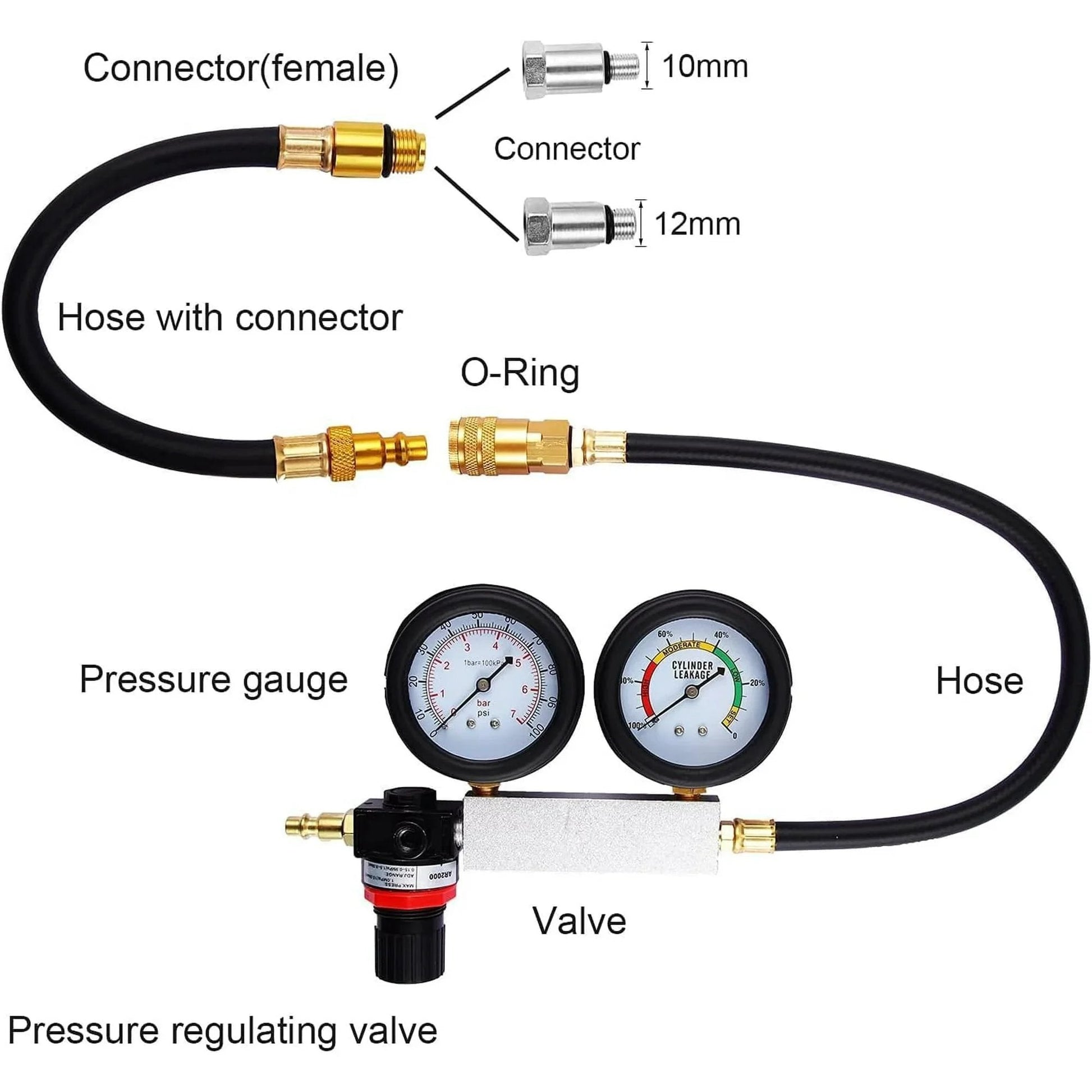 Cylinder Leak Down Tester Kit With Dual Gauge 100 PSI Engine Leakage Detector featuring hose, connectors, and pressure gauges for engine diagnostics.