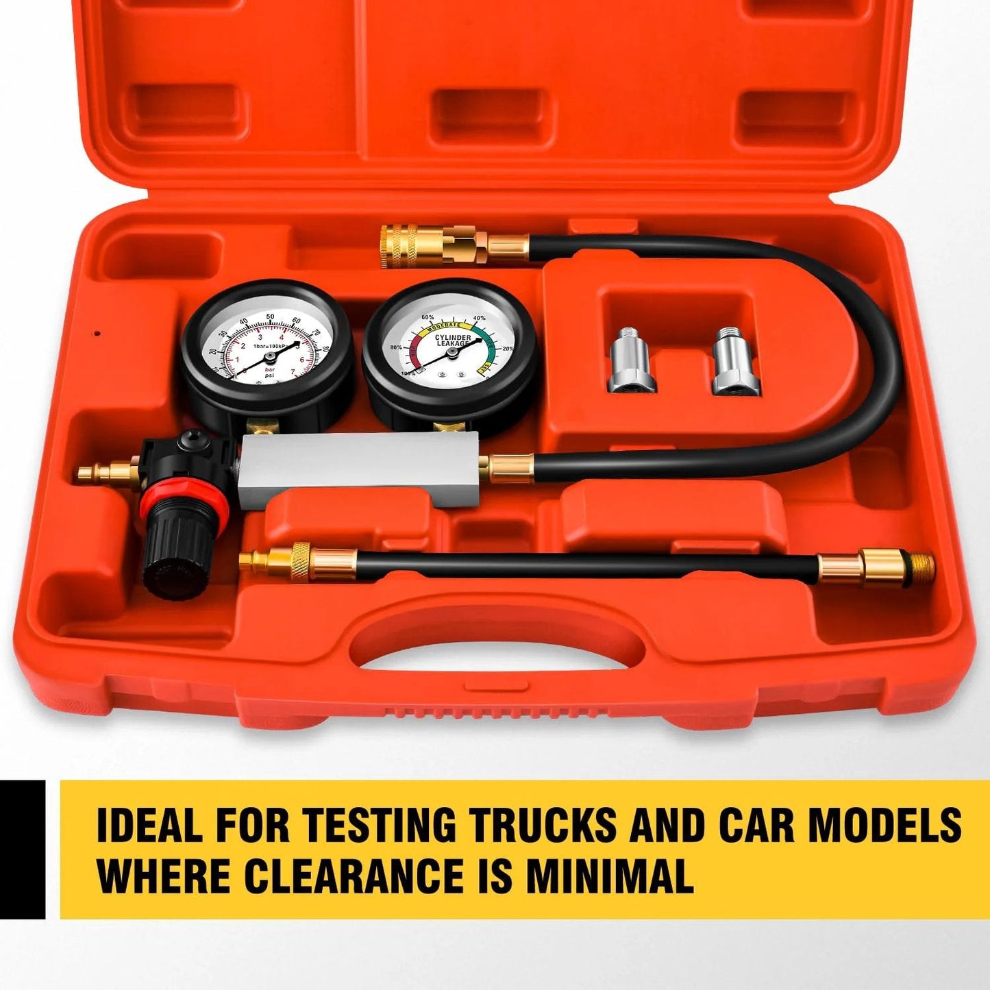 Cylinder Leak Down Tester Kit With Dual Gauge System For Automotive Engines A Practical Compression Test And Leakage Detector Tool For Petrol Engines Compatible With 10 12 And 14 Mm Spark Plug Ports Red, displayed in case.