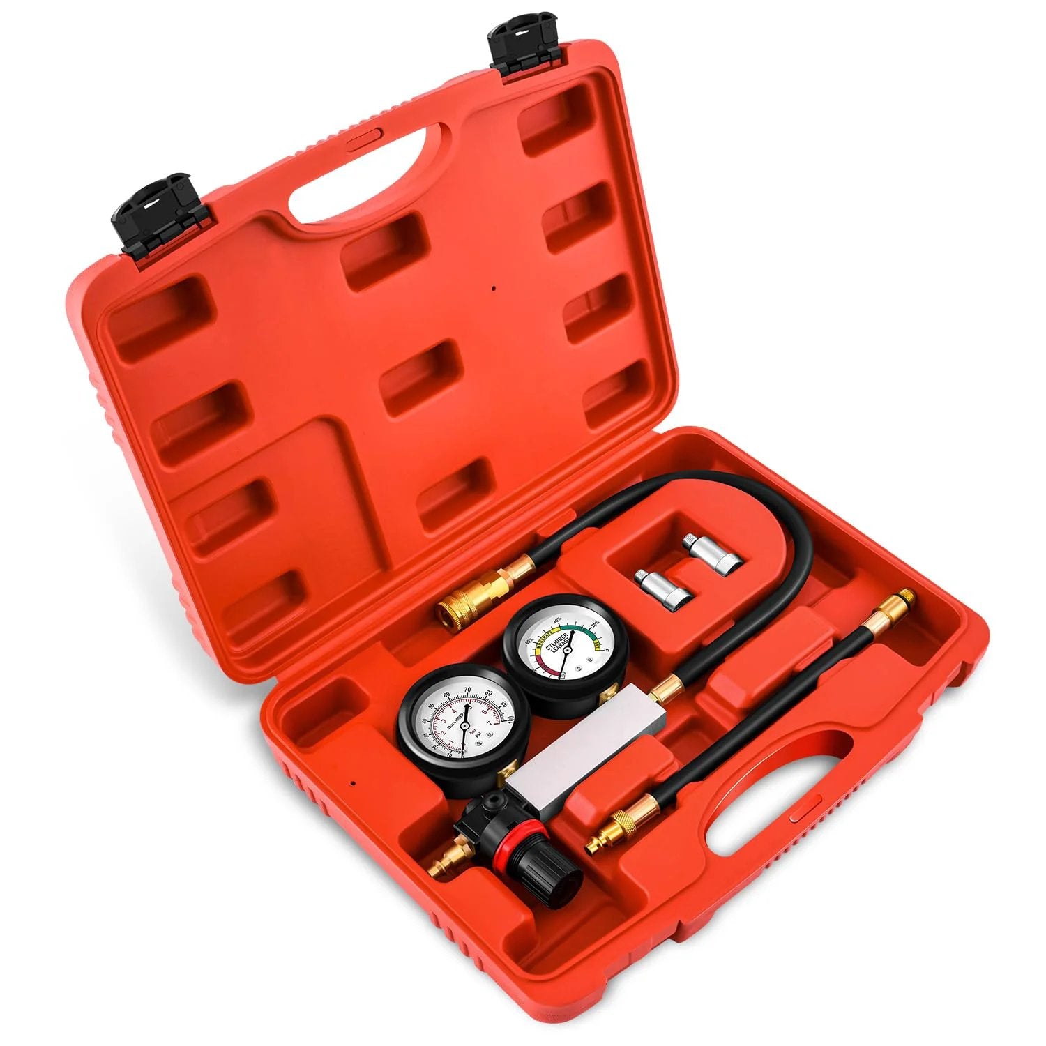 Cylinder Leak Down Tester Kit With Dual Gauge System For Automotive Engines showing tools inside a red case with dual gauges and hoses.