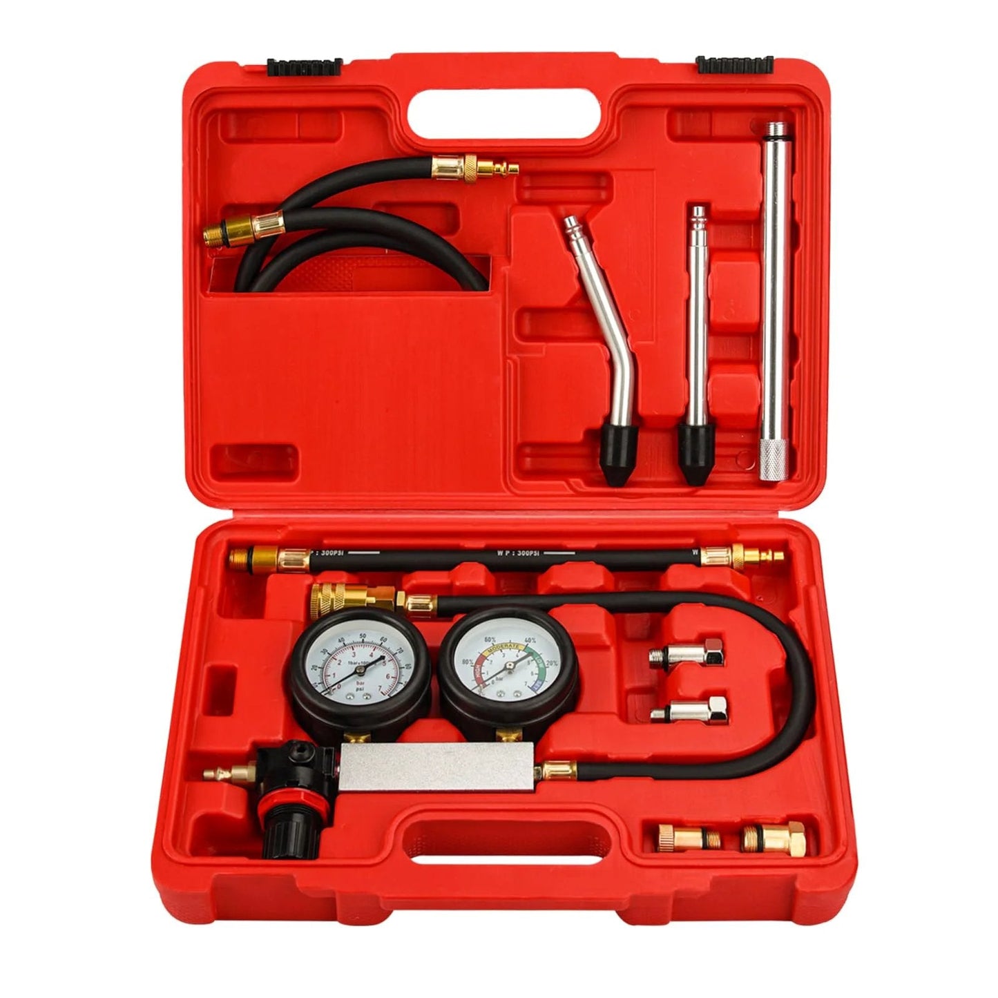 Cylinder Leak Down Tester Kit With Dual Gauge For Auto Engine Diagnostics And Pressure Leakage Checks, Pro Grade Universal Push On Connectors, Threaded Adapters, Extensions And Hoses, All In One Gasoline Engine Compression Tests And Leakdown Verification in a red case open, showcasing dual gauges and various adapters.