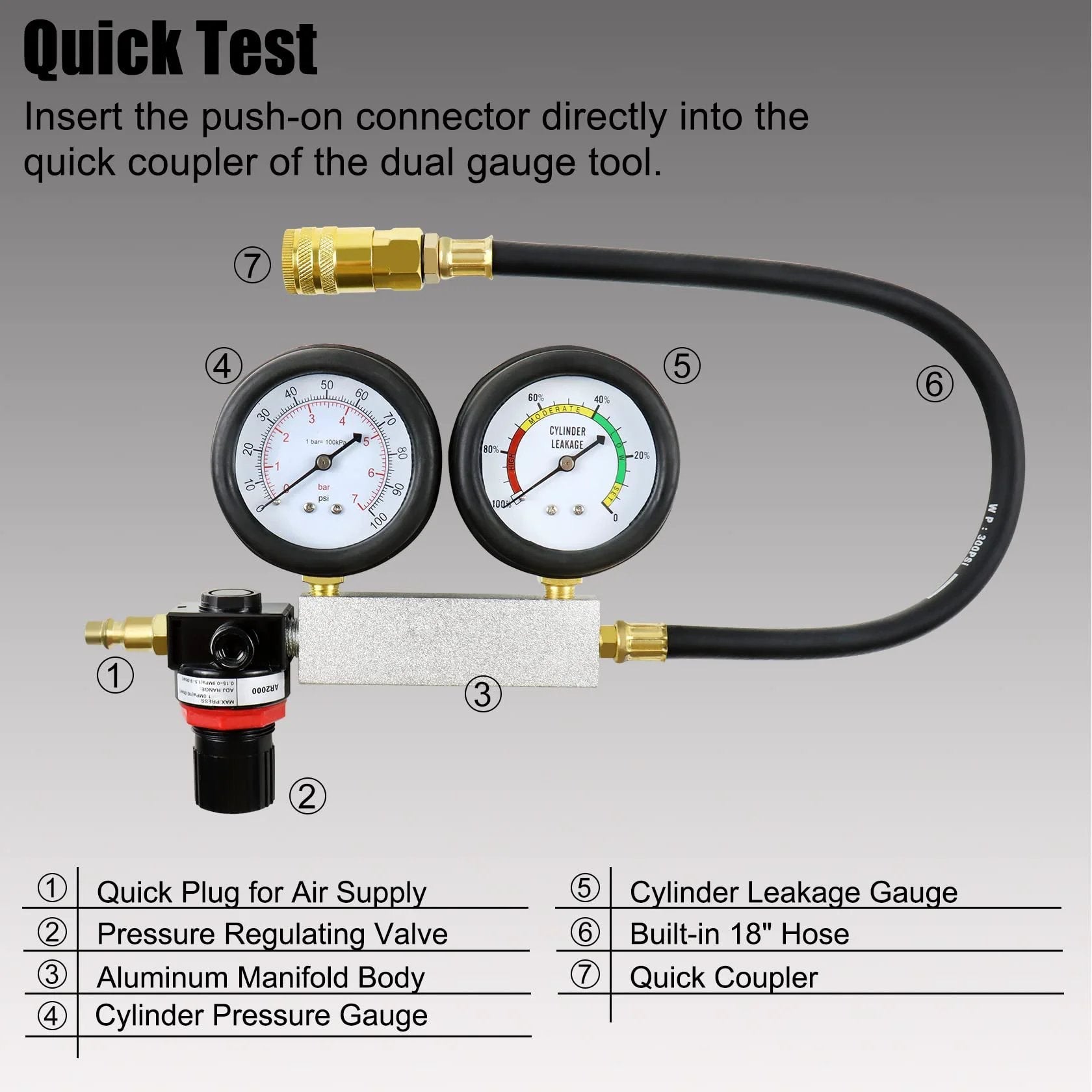 Pro Grade Cylinder Leak Down Tester Kit For Automotive Engines With Dual Gauge 3 In 1 Diagnostic Tool For Pressure Check And Leakage Rate Test Includes Extension Rod Rubber Hose And Metal Adapters Blue, featuring dual gauges and hose.