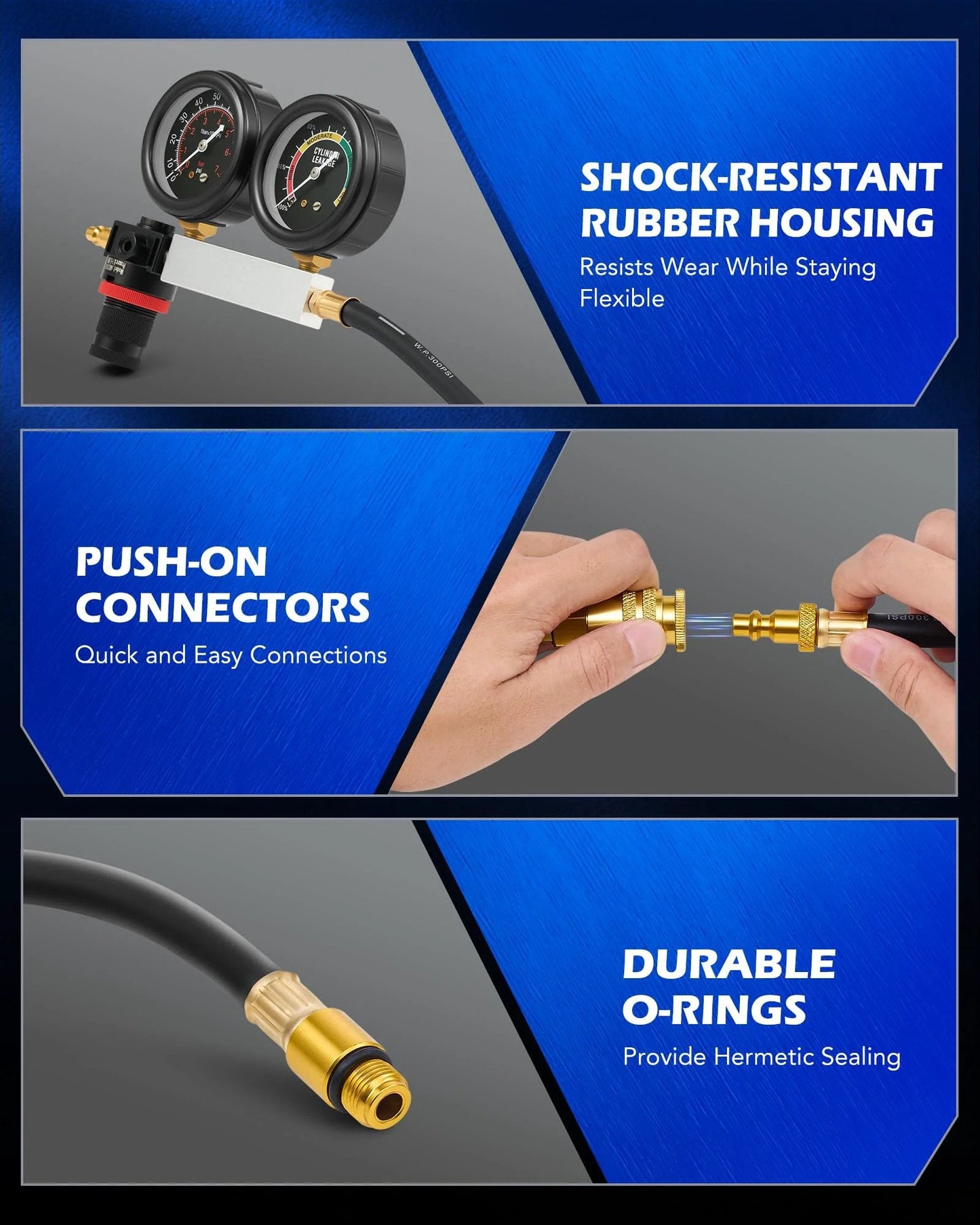 Go-To Cylinder Leak-Down Tester Kit With Dual Gauges For Gas Engines And Spark Plug Adapters, Diagnostic Leakdown Tool features shock-resistant rubber housing and push-on connectors.