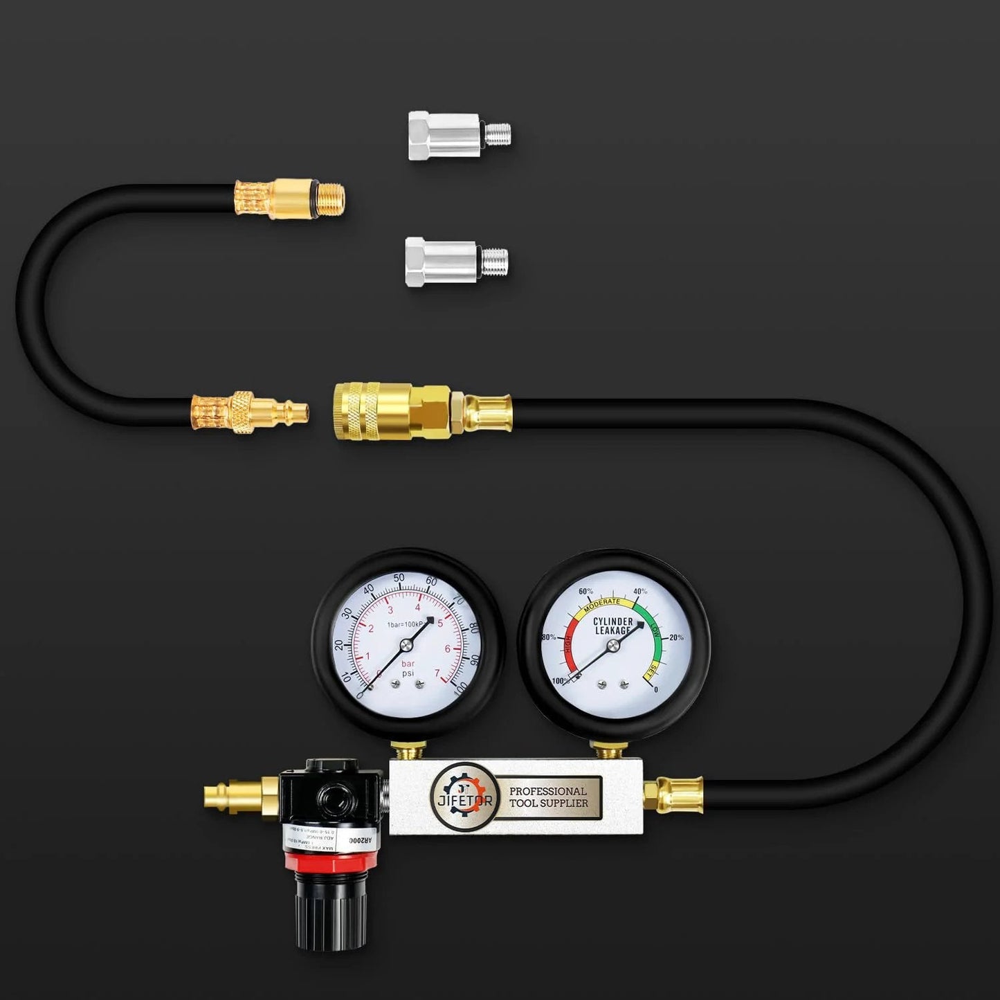 Pro Grade Cylinder Leak Down Tester Kit With Dual Pressure Gauges For Gasoline Engines, diagnostic gauges and adapters in view.