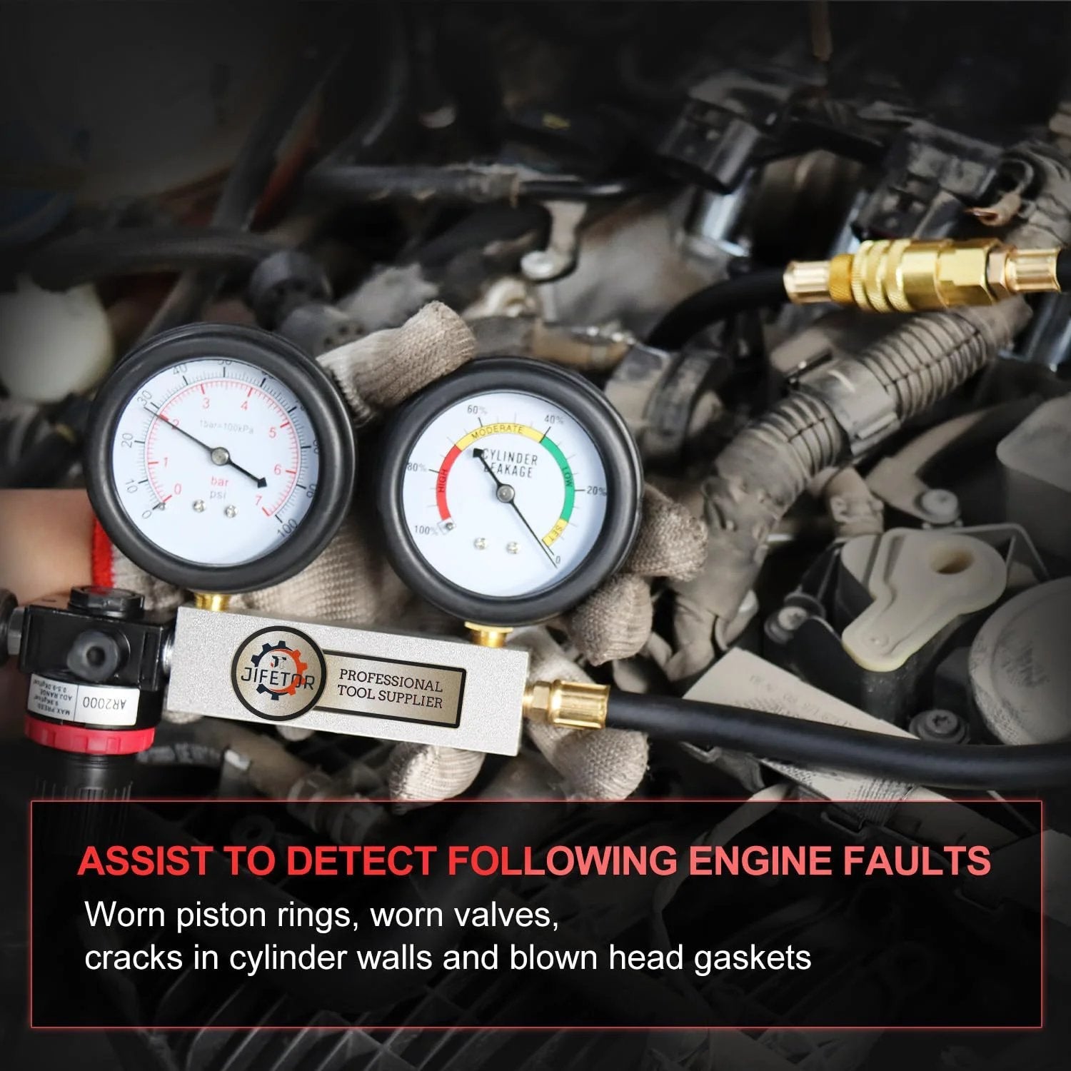 Pro Grade Cylinder Leak Down Tester Kit With Dual Pressure Gauges For Gasoline Engines showing gauges and hose connections.