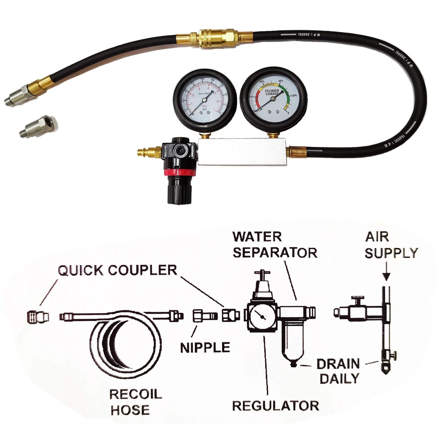 Leak Down Tester TU21 Engine Cylinder Leak Tester And Compression Gauge Set For Gasoline Four Stroke Engines showing gauges and hose.