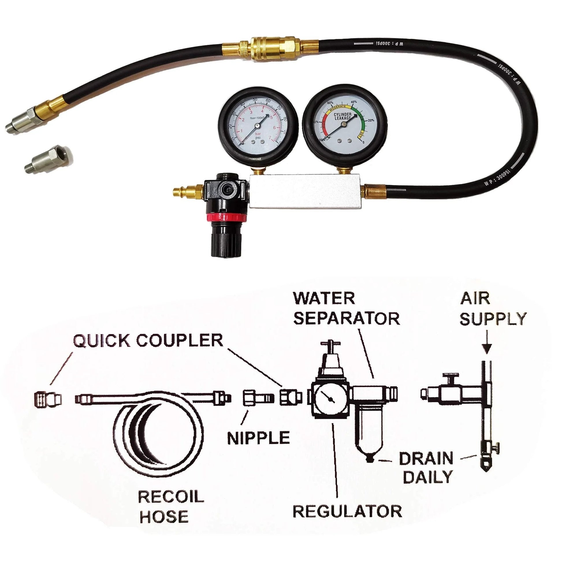Leak Down Tester TU21 Engine Cylinder Leak Tester And Compression Gauge Set For Gasoline Four Stroke Engines showing gauges and hose.