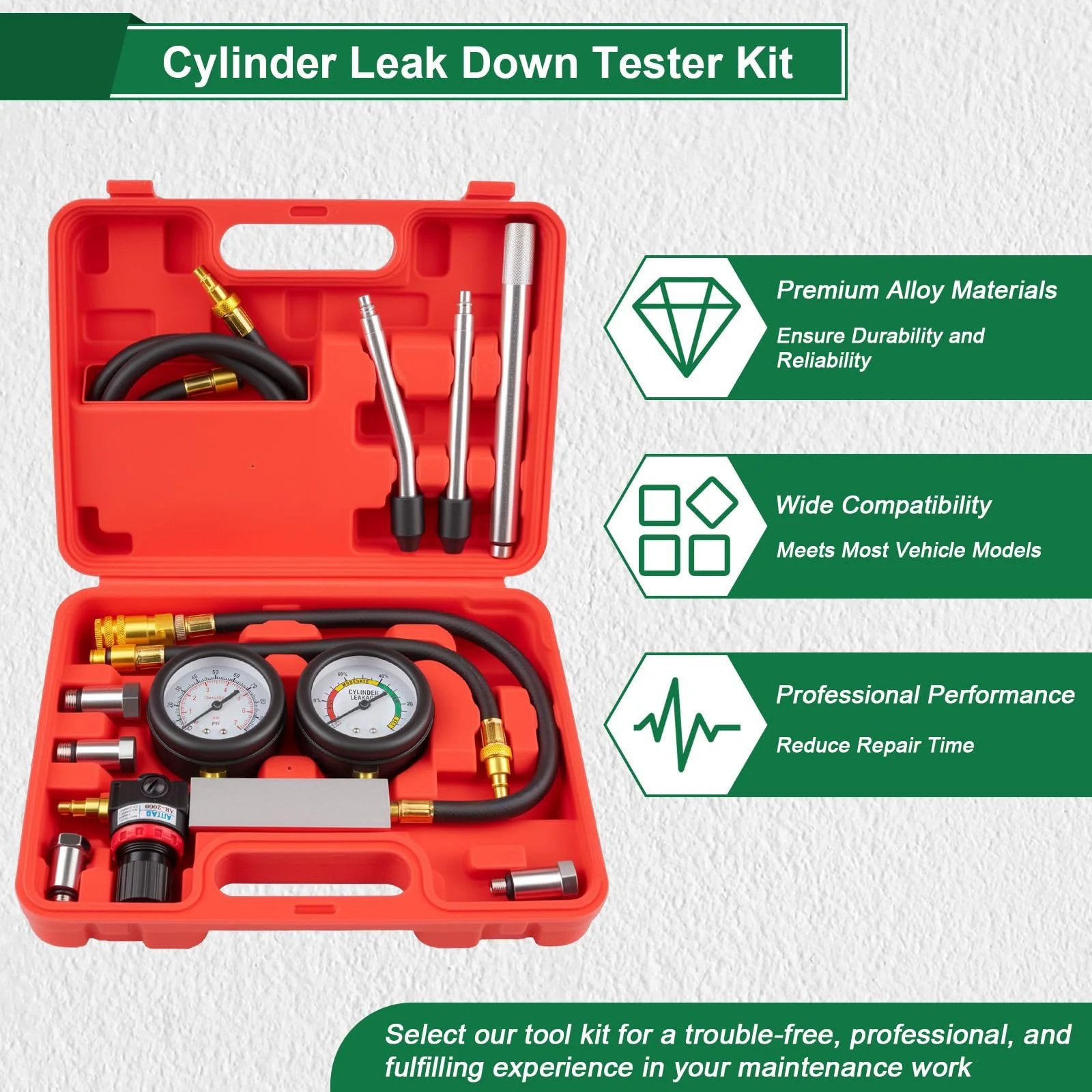 All In One Cylinder Leak Down Tester Kit For Automotive Engines With Dual Gauge 0 To 100 Psi And 0 To 100 Percent Leakage Rate 18 Inch Hose AR2000 Regulator American Style Air Nozzle Aluminum Alloy Body For Cars And Motorcycles Marvelity in a red case, showing gauges and hoses.