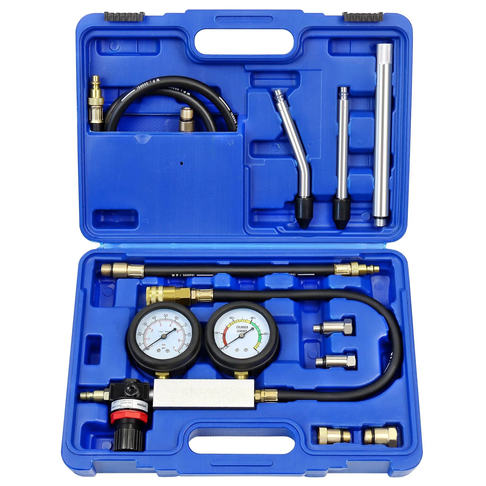 Pro Grade Cylinder Leak Down Tester Kit For Automotive Engines With Dual Gauge 3 In 1 Diagnostic Tool in a blue case, showing gauges and hoses.
