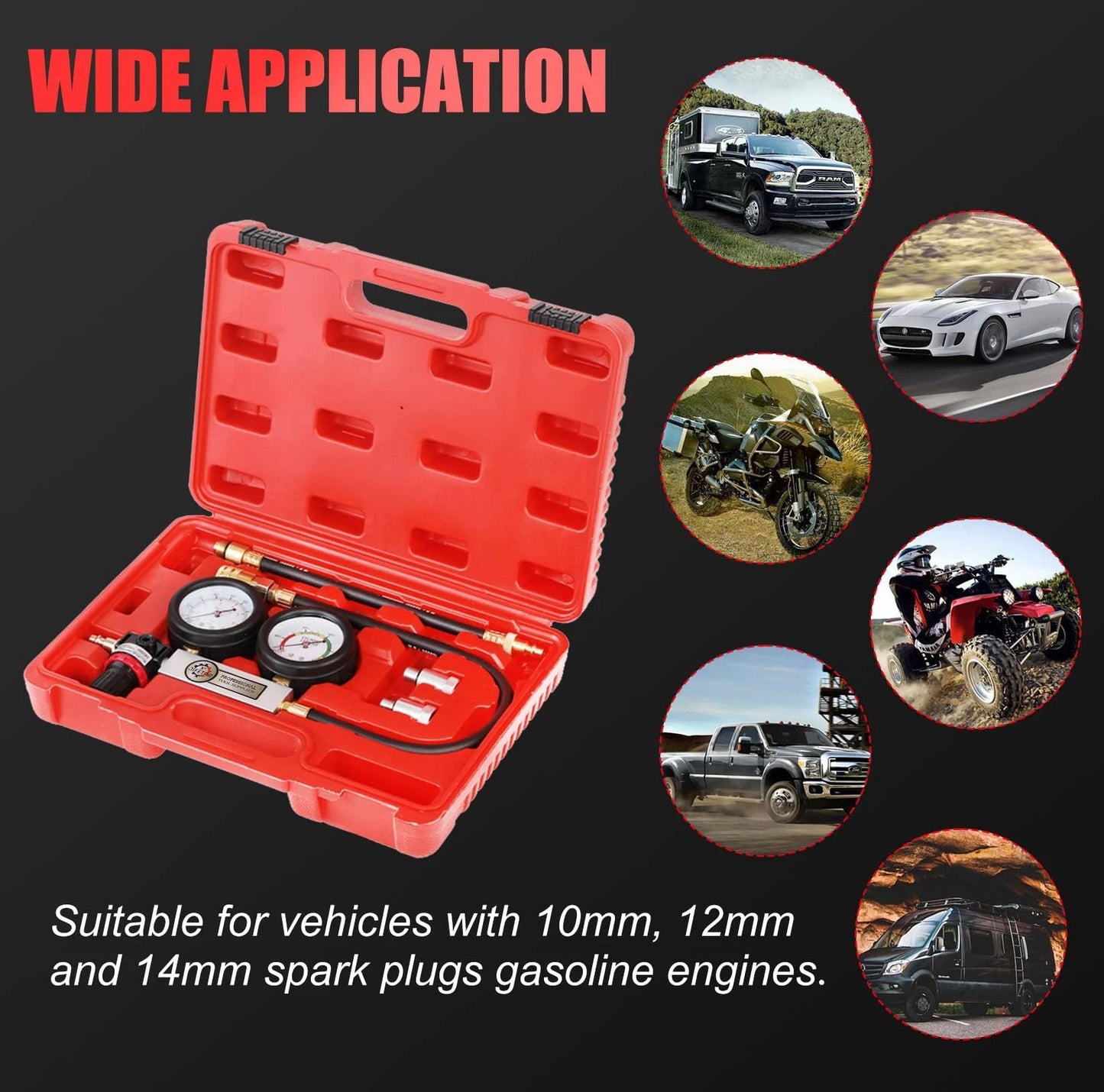 Pro Grade Cylinder Leak Down Tester Kit With Dual Pressure Gauges For Gasoline Engines, inside red case, includes adapters for 10, 12, 14mm spark plugs.