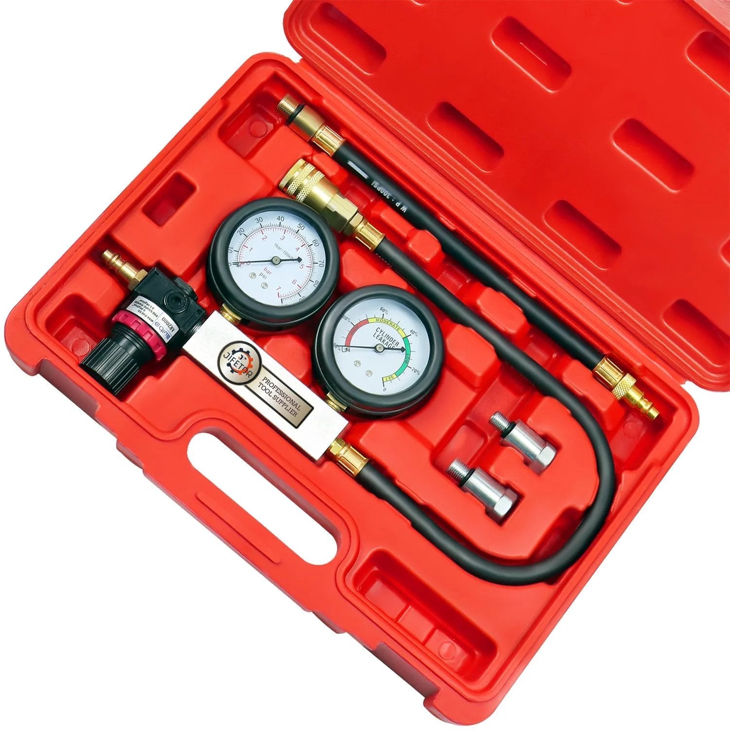 Pro Grade Cylinder Leak Down Tester Kit With Dual Pressure Gauges For Gasoline Engines in red case, showing dual gauges and hoses.